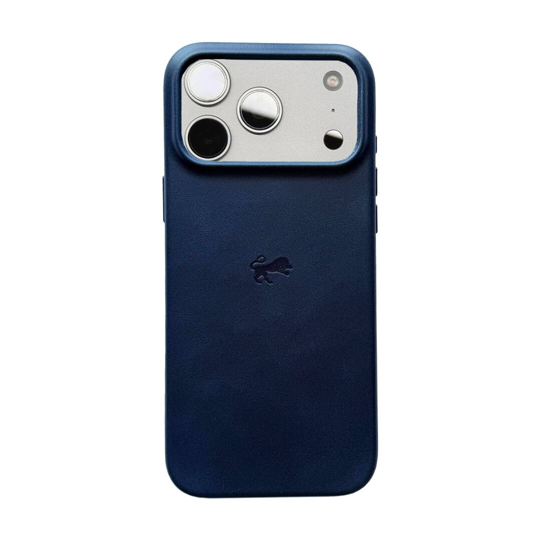 Back. LUMAZI - Full Grain Leather MagSafe iPhone 17 Pro Case - Royal Navy.