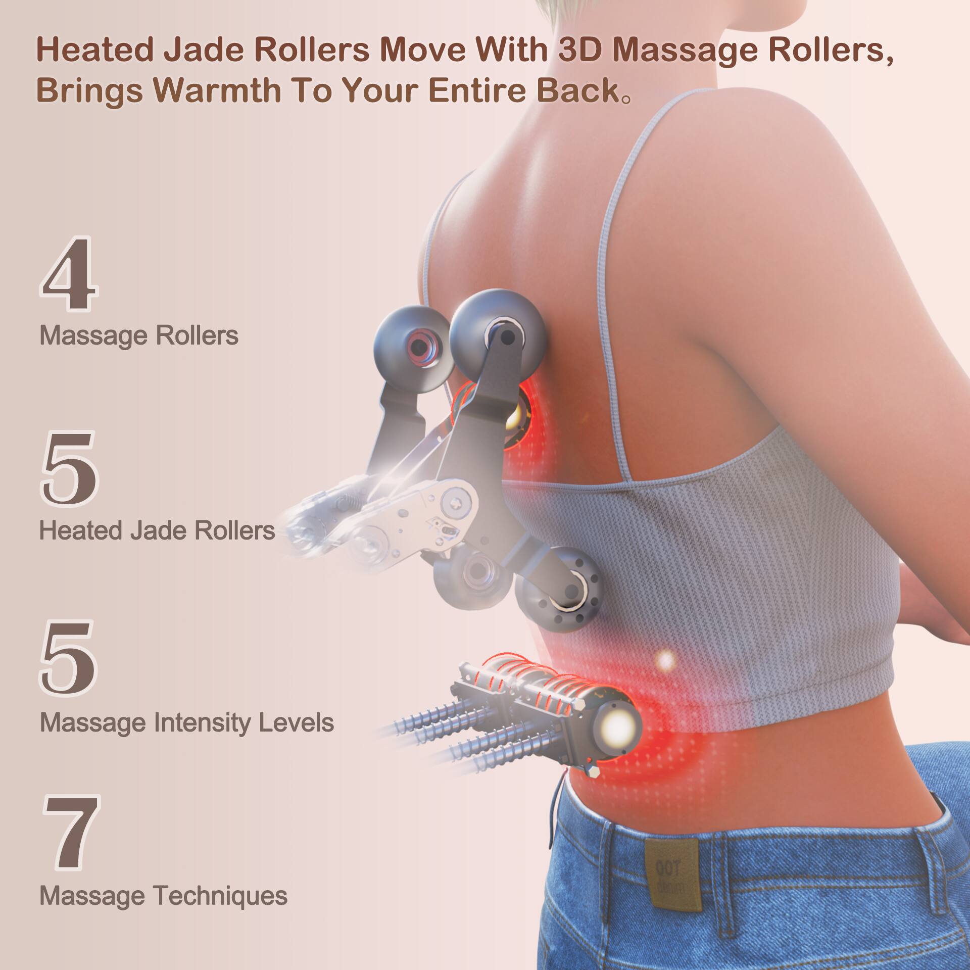 Heated Jade Rollers Move With 3D Massage Rollers, Brings Warmth To Your Entire Back.

4 Massage Rollers  
5 Heated Jade Rollers  
5 Massage Intensity Levels  
7 Massage Techniques