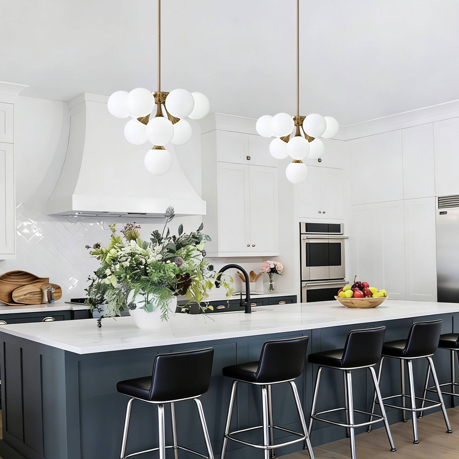Back. Siljoy - 21.3" Gold 10-Light Sputnik Chandelier, White Glass Shades Adjustable for Dining Kitchen Living Foyer - Gold Brass.