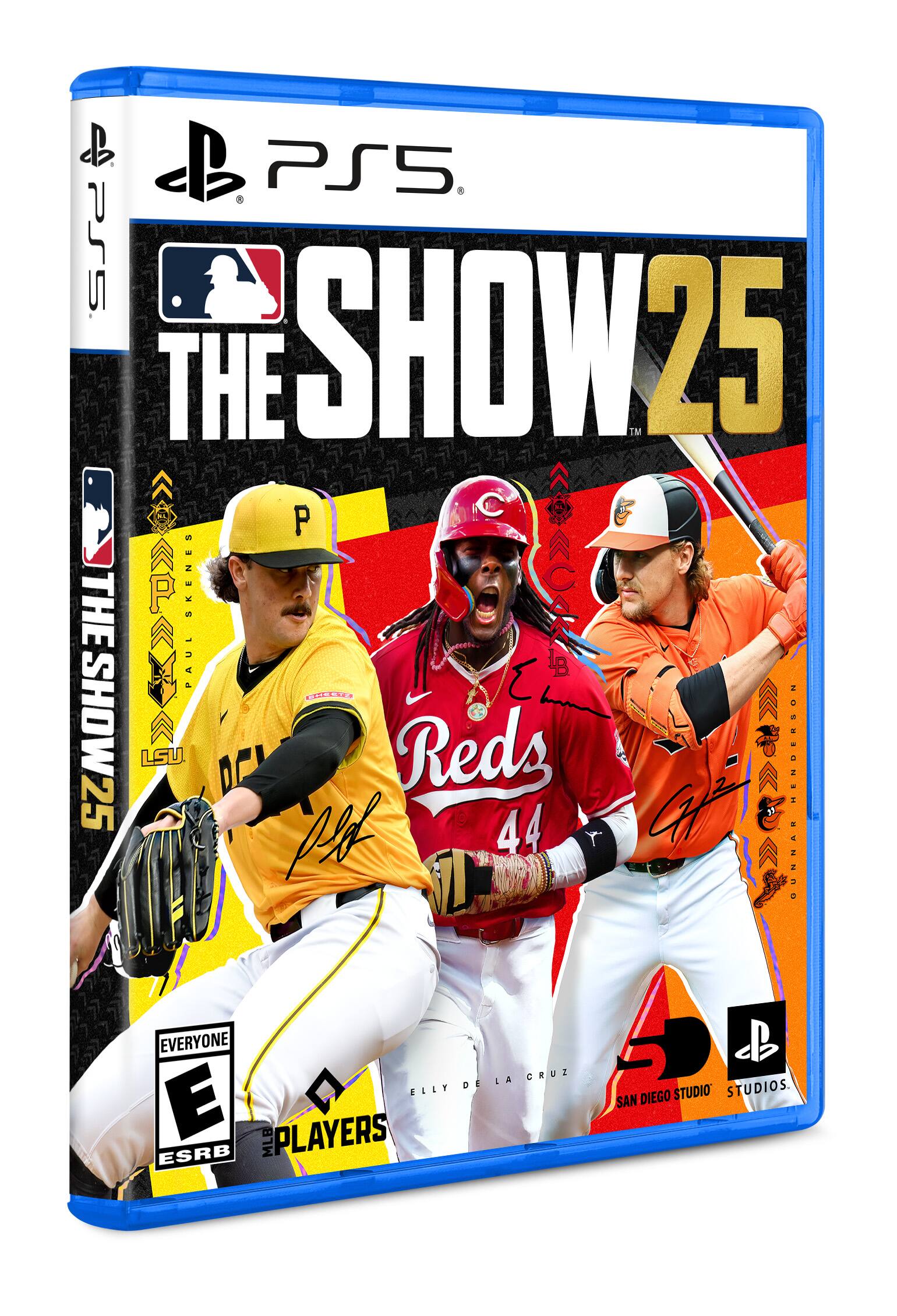 The Show 25 is a baseball video game for the PlayStation 5 console. The cover features three baseball players from different teams: a pitcher from the Pittsburgh Pirates, a batter from the Cincinnati Reds, and a batter from the Baltimore Orioles. The game is rated E for Everyone by the ESRB and is developed by San Diego Studio.