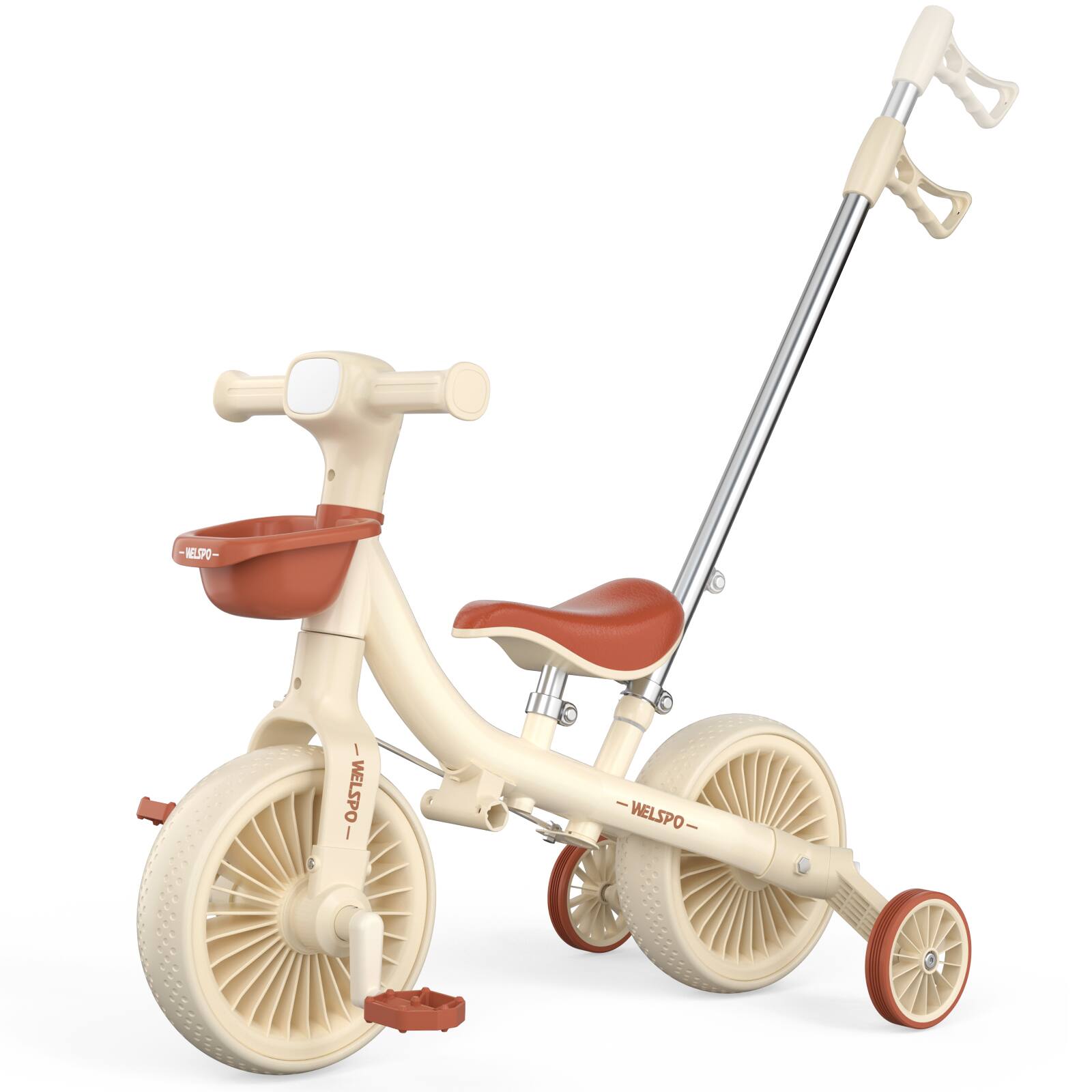 WELSPO - 5-in-1 Toddler Tricycle with Push Handle, Kids Balance Bike for Ages 2-5 - Khaki