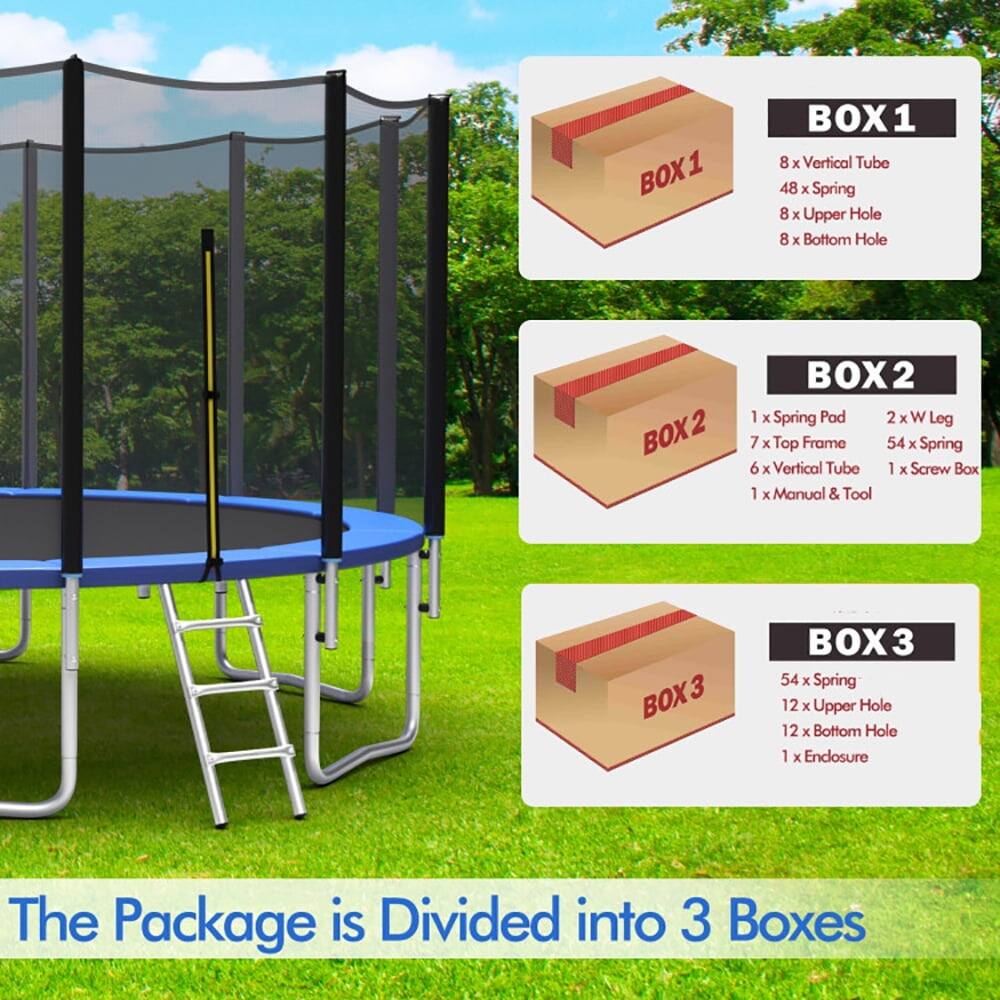 BOX 1  
- 8 x Vertical Tube  
- 48 x Spring  
- 8 x Upper Hole  
- 8 x Bottom Hole  

BOX 2  
- 1 x Spring Pad  
- 2 x W Leg  
- 7 x Top Frame  
- 54 x Spring  
- 6 x Vertical Tube  
- 1 x Screw Box  
- 1 x Manual & Tool  

BOX 3  
- 54 x Spring  
- 12 x Upper Hole  
- 12 x Bottom Hole  
- 1 x Endlosure  

The Package is Divided into 3 Boxes