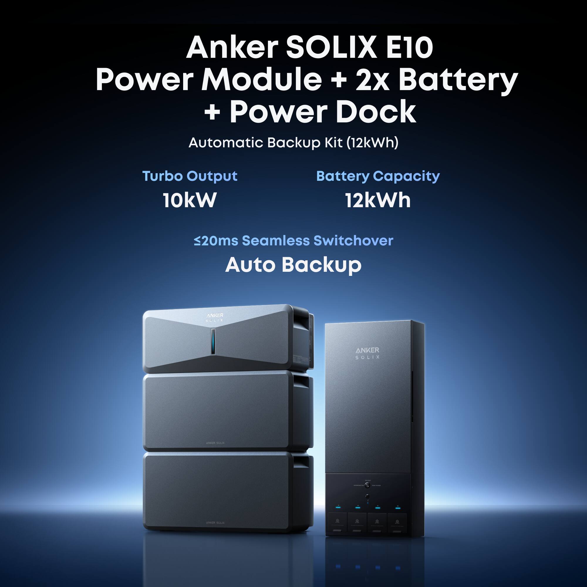 Anker SOLIX E10 Power Module + 2x Battery + Power Dock Automatic Backup Kit (12kWh)  
Turbo Output 10kW  
Battery Capacity 12kWh  
<20ms Seamless Switchover  
Auto Backup