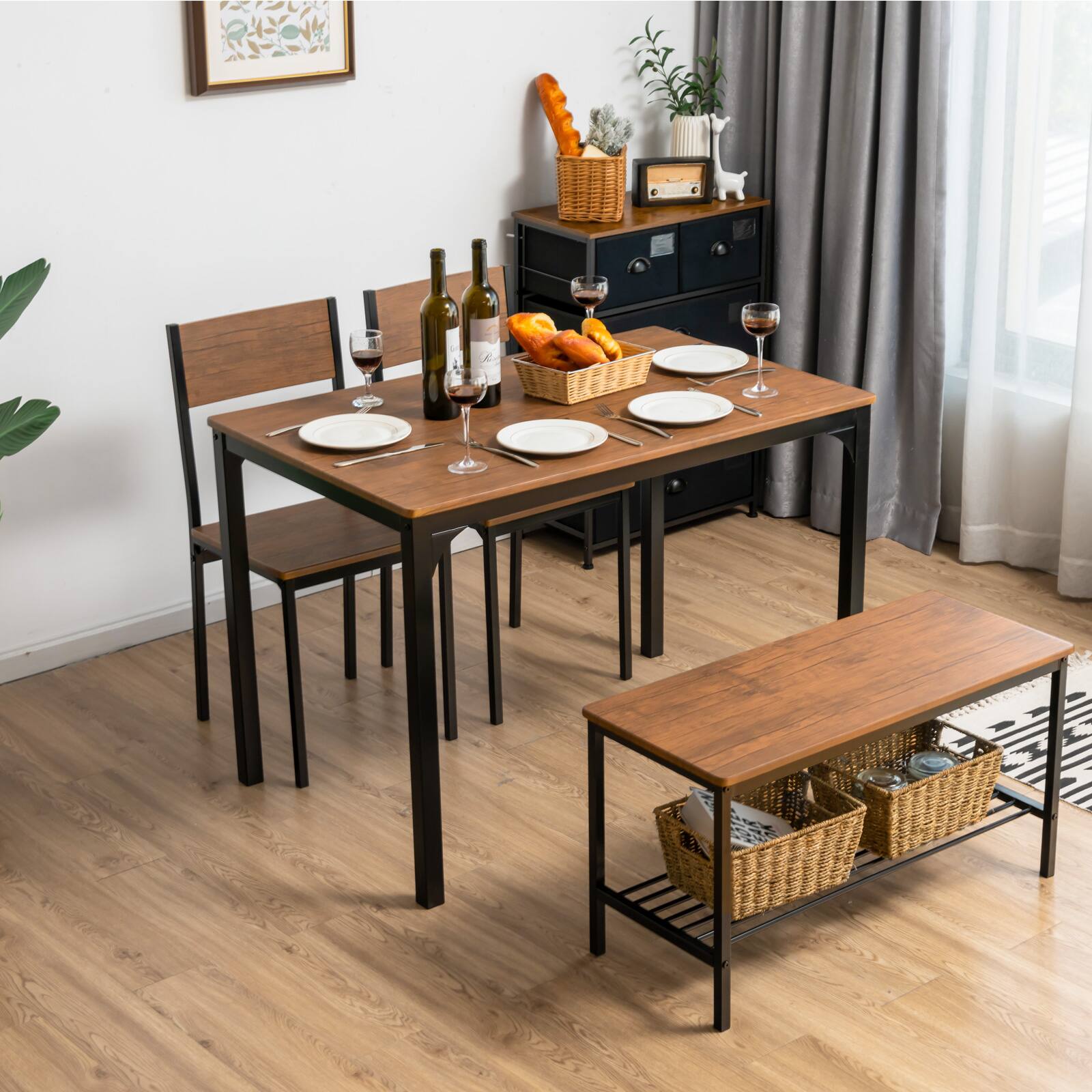 Angle. Costway - 4pcs Dining Table Set Rustic Desk 2 Chairs & Bench w/ Storage Rack Brown - Brown.