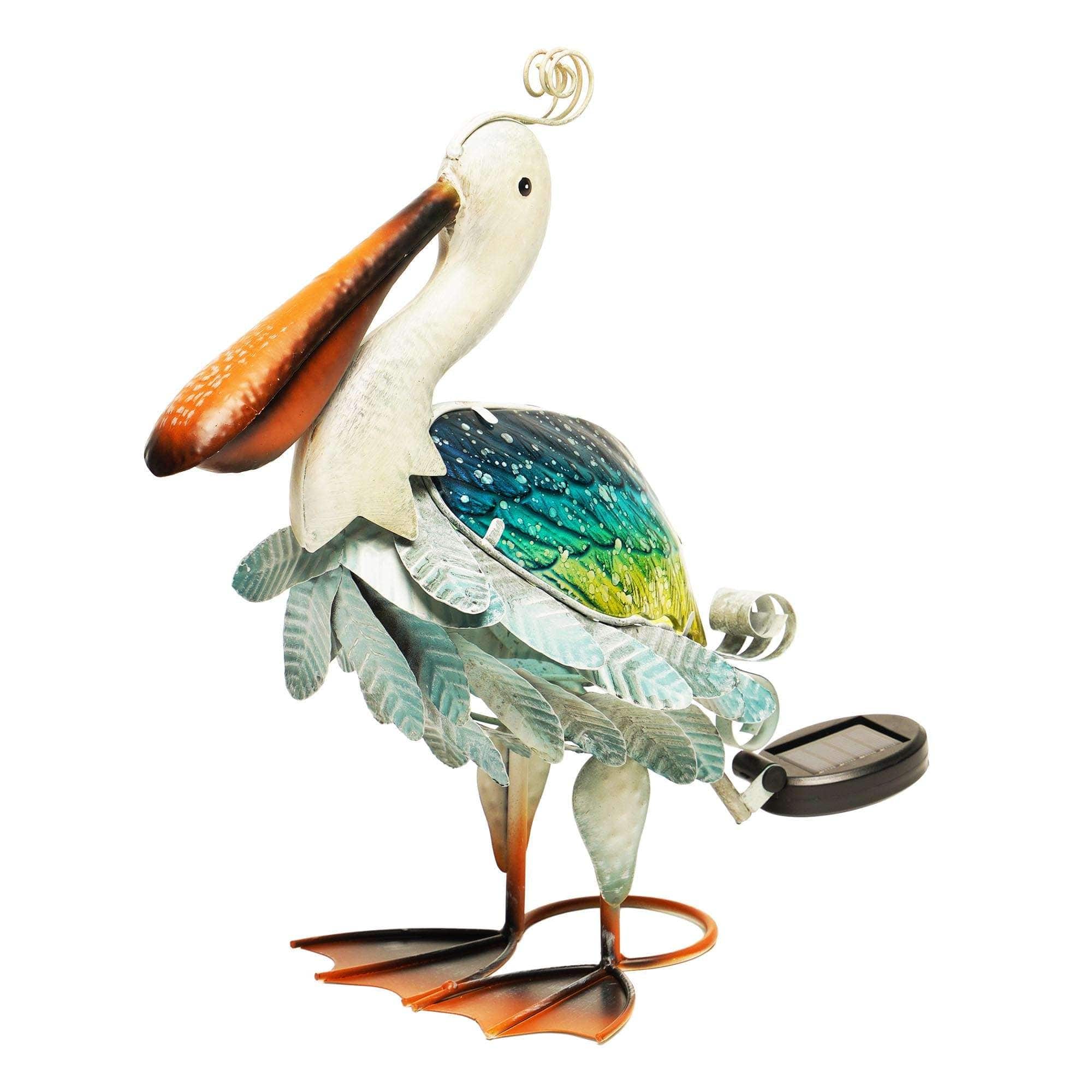 G128 - Solar Metal Pelican Garden Statue 17 Inch Coastal Bird Yard Art with Solar-Powered Light for Lawn Patio Backyard - Unique color and design