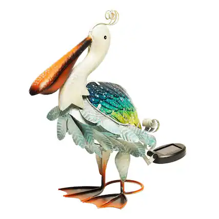 Front. G128 - Solar Metal Pelican Garden Statue 17 Inch Coastal Bird Yard Art with Solar-Powered Light for Lawn Patio Backyard - Unique color and design.