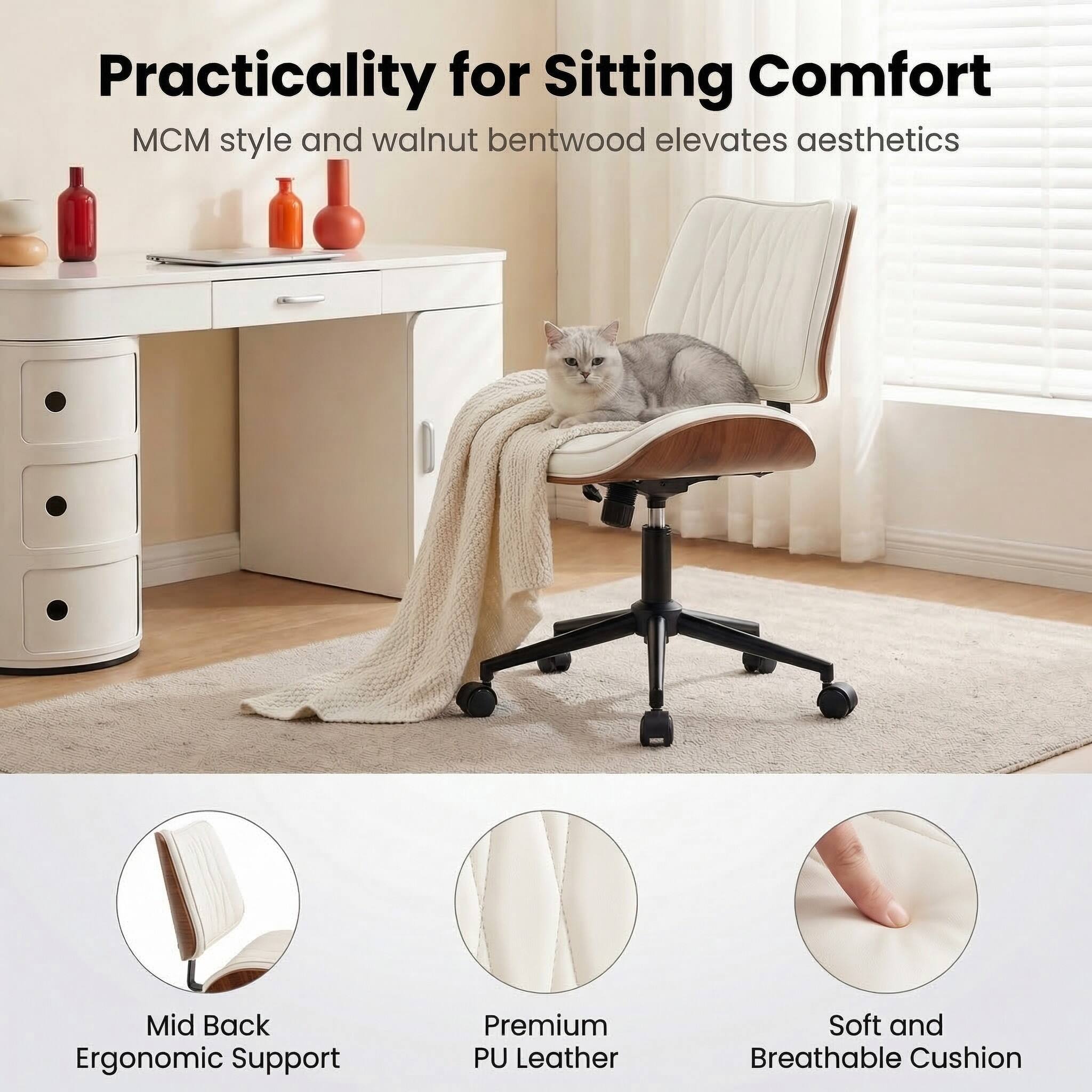 Practicality for Sitting Comfort  
MCM style and walnut bentwood elevates aesthetics  

Mid Back Ergonomic Support  
Premium PU Leather  
Soft and Breathable Cushion