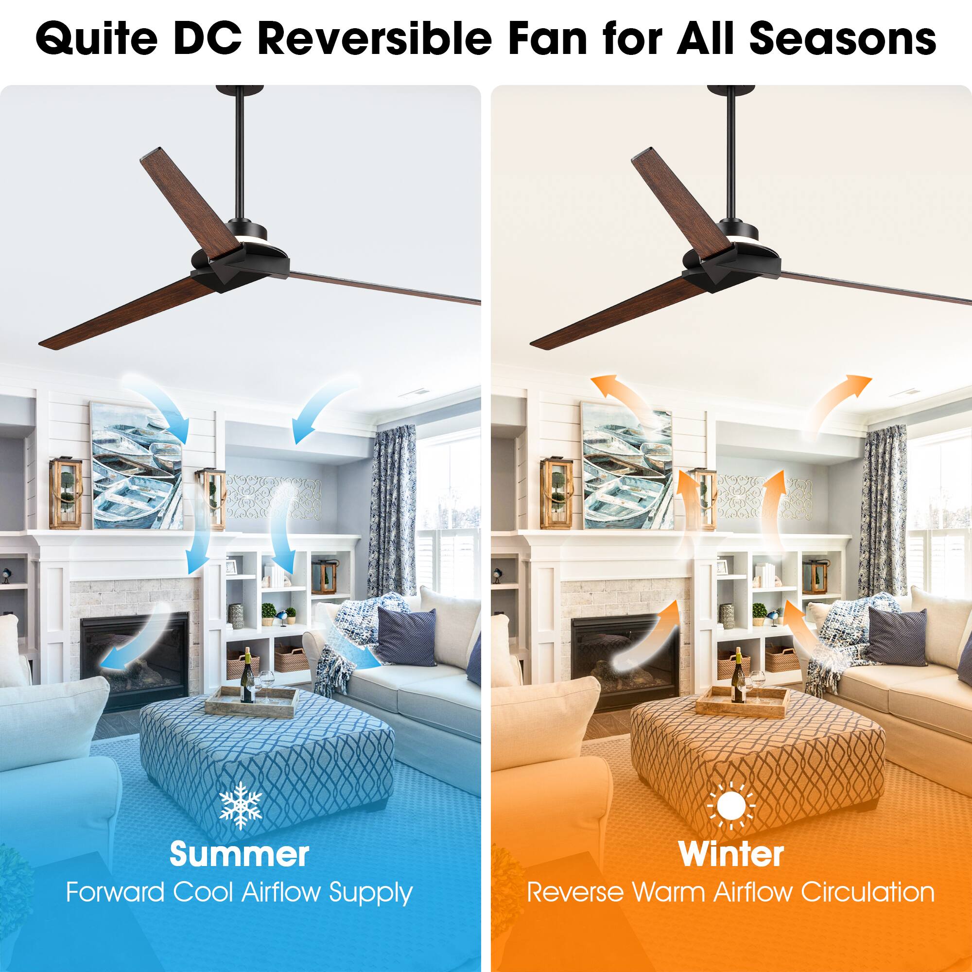 Quite DC Reversible Fan for All Seasons

Summer: Forward Cool Airflow Supply

Winter: Reverse Warm Airflow Circulation