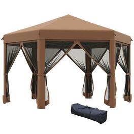 Outsunny - 13' x 11' Hexagonal Pop Up Gazebo, Heavy Duty Outdoor Canopy Tent with 6 Mesh Sidewall Netting - Dark Brown