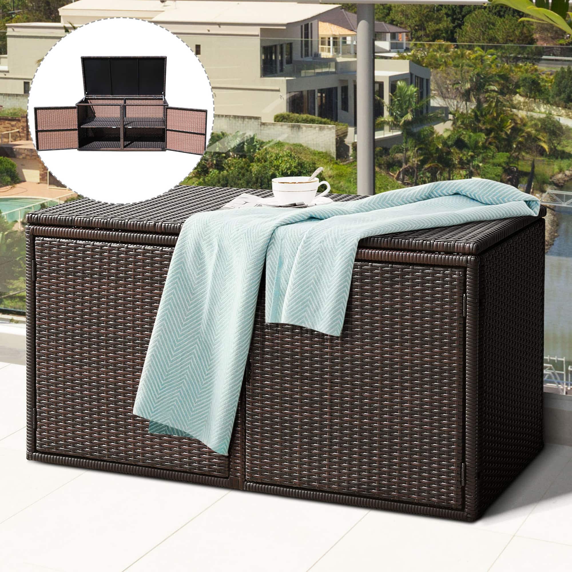 Gymax - 88 Gallon Rattan Storage Box Outdoor Patio Container Seat w/ Door - Mix Brown
