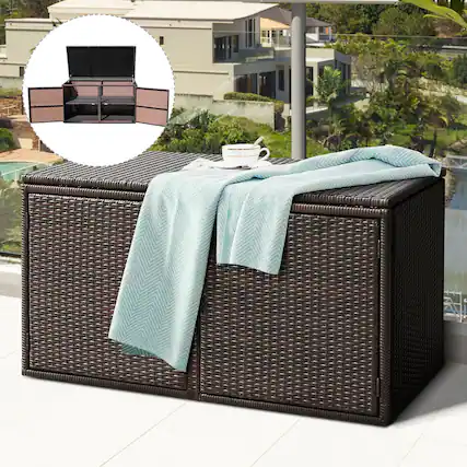Front. Gymax - Gymax 88 Gallon Rattan Storage Box Outdoor Patio Container Seat w/ Door Mix Brown - Mix Brown.