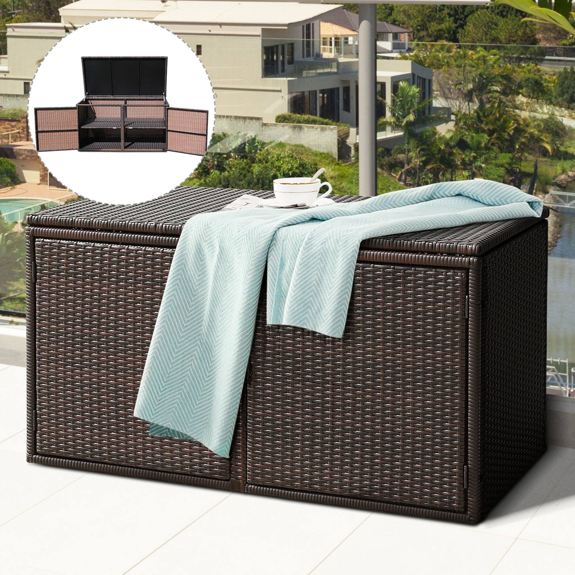 Front. Gymax - Gymax 88 Gallon Rattan Storage Box Outdoor Patio Container Seat w/ Door Mix Brown - Mix Brown.