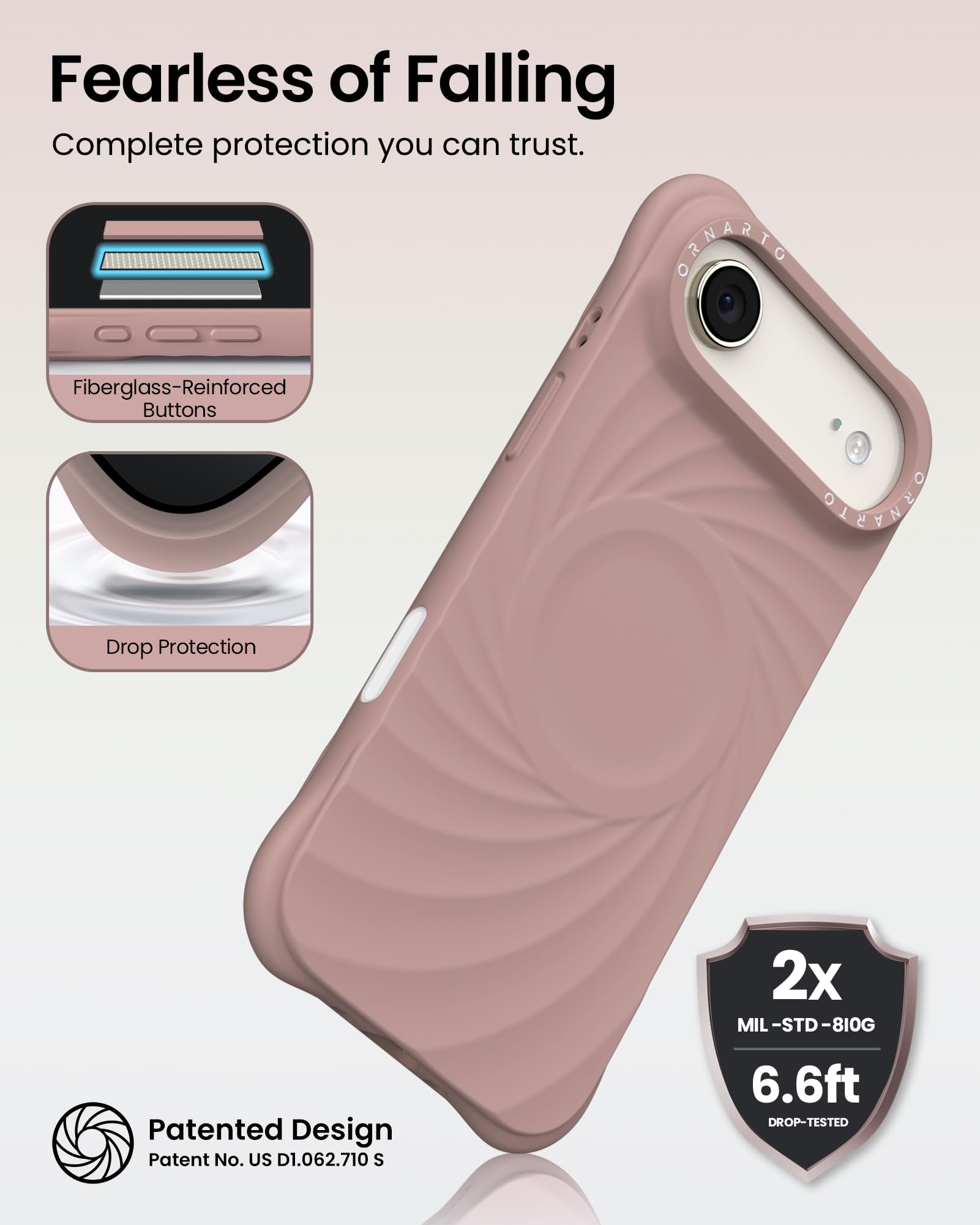 Fearless of Falling  
Complete protection you can trust.

- Fiberglass-Reinforced Buttons
- Drop Protection

Patented Design  
Patent No. US D1.062.710 S

2x MIL-STD-810G  
6.6ft DROP-TESTED