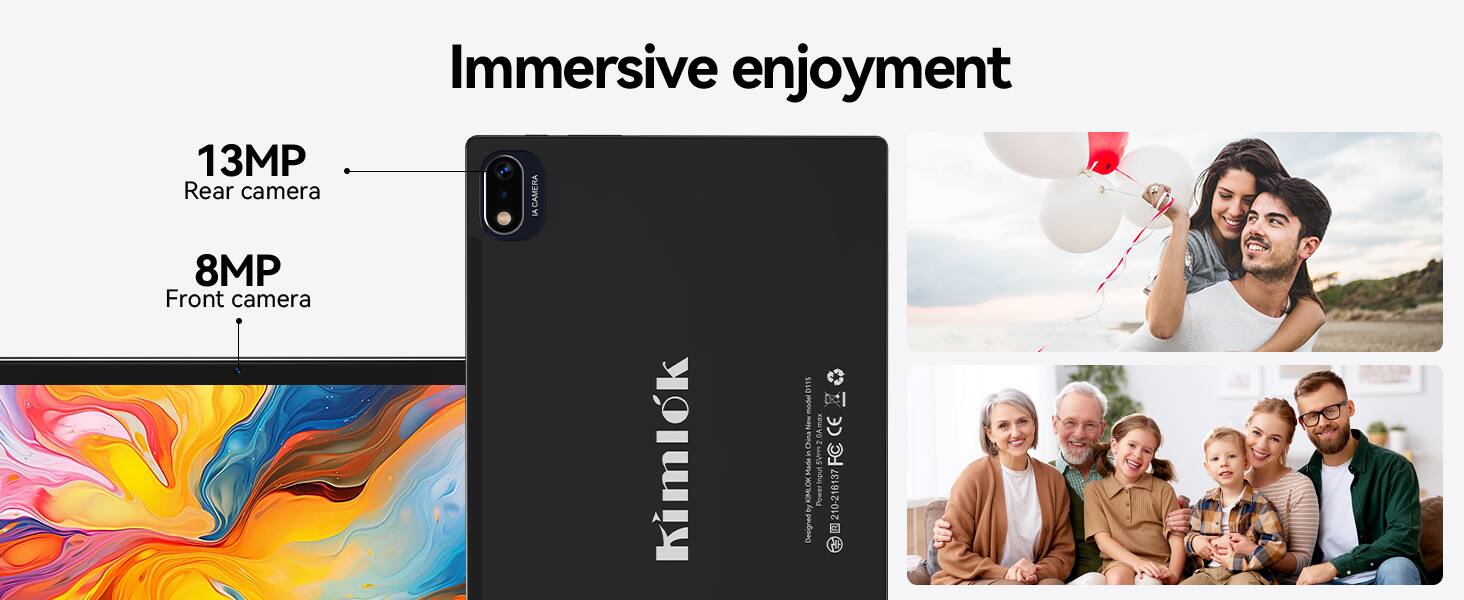 13MP Rear camera  
8MP Front camera  
Immersive enjoyment  
Kimlok  
Model: D156  
CE China  
Power Input: 210-216137  
Designed in Korea
