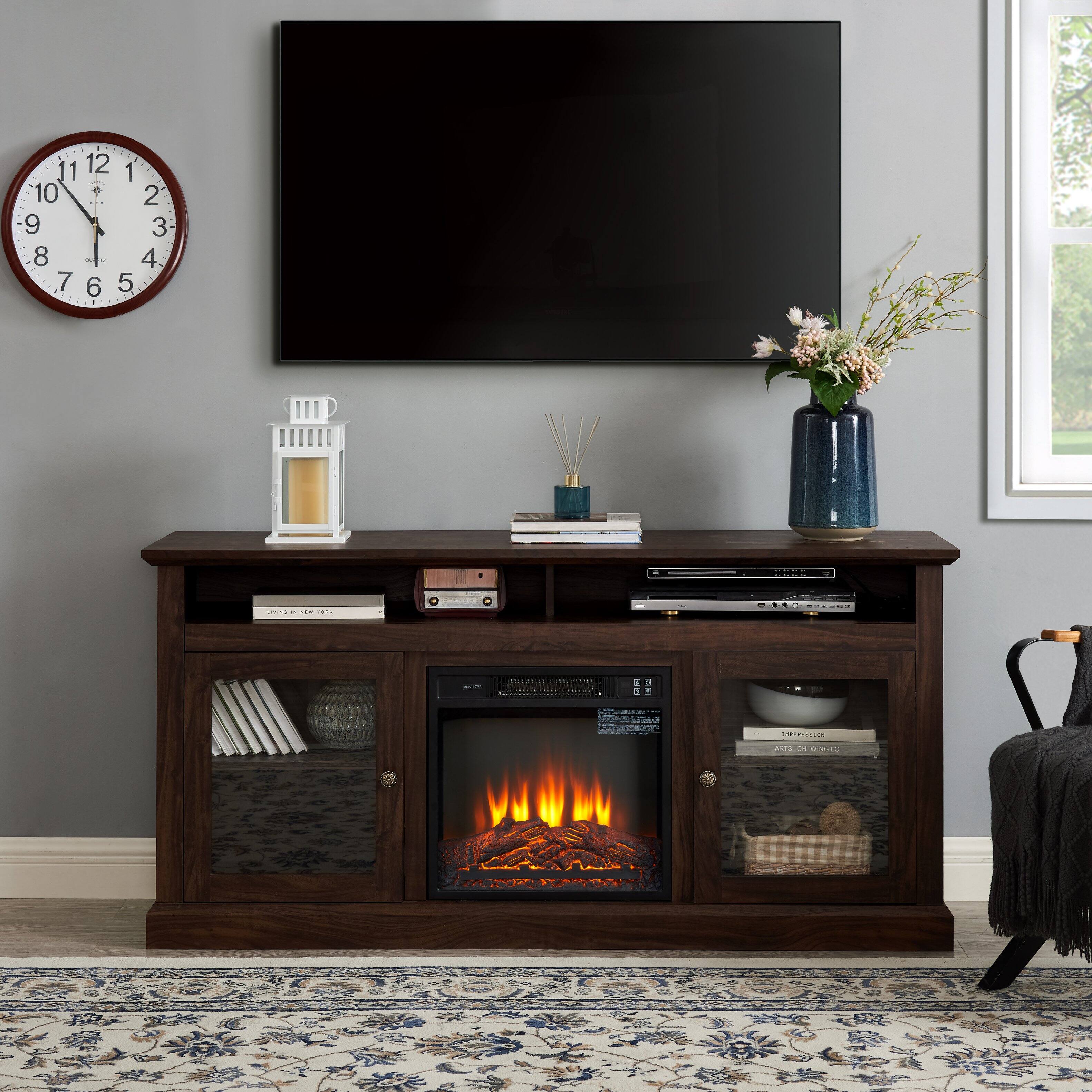 Front. TinyHomie - 60inch W Contemporary TV Media Stand 18inch Fireplace Insert Brown.