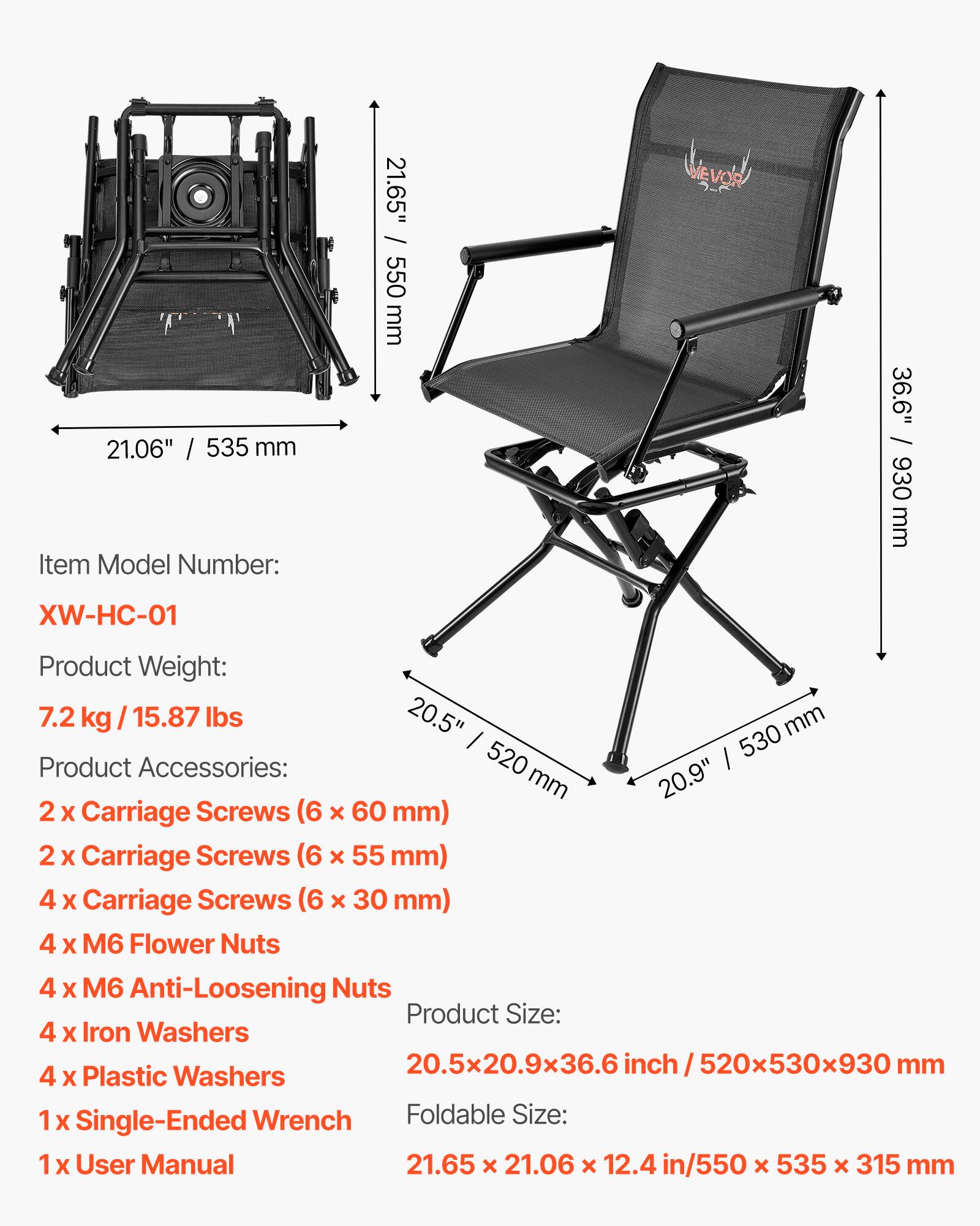 21.06" / 535 mm  
21.65" / 550 mm  
36.6" / 930 mm  

Item Model Number:  
XW-HC-01  

Product Weight:  
7.2 kg / 15.87 lbs  

Product Accessories:  
2 x Carriage Screws (6 x 60 mm)  
2 x Carriage Screws (6 x 55 mm)  
4 x Carriage Screws (6 x 30 mm)  
4 x M6 Flower Nuts  
4 x M6 Anti-Loosening Nuts  
4 x Iron Washers  
4 x Plastic Washers  
1 x Single-Ended Wrench  
1 x User Manual  

Product Size:  
20.5x20.9x36.6 inch / 520x530x930 mm  

Foldable Size:  
21.65 x 21.06 x 12.4 in / 550 x 535 x 315 mm