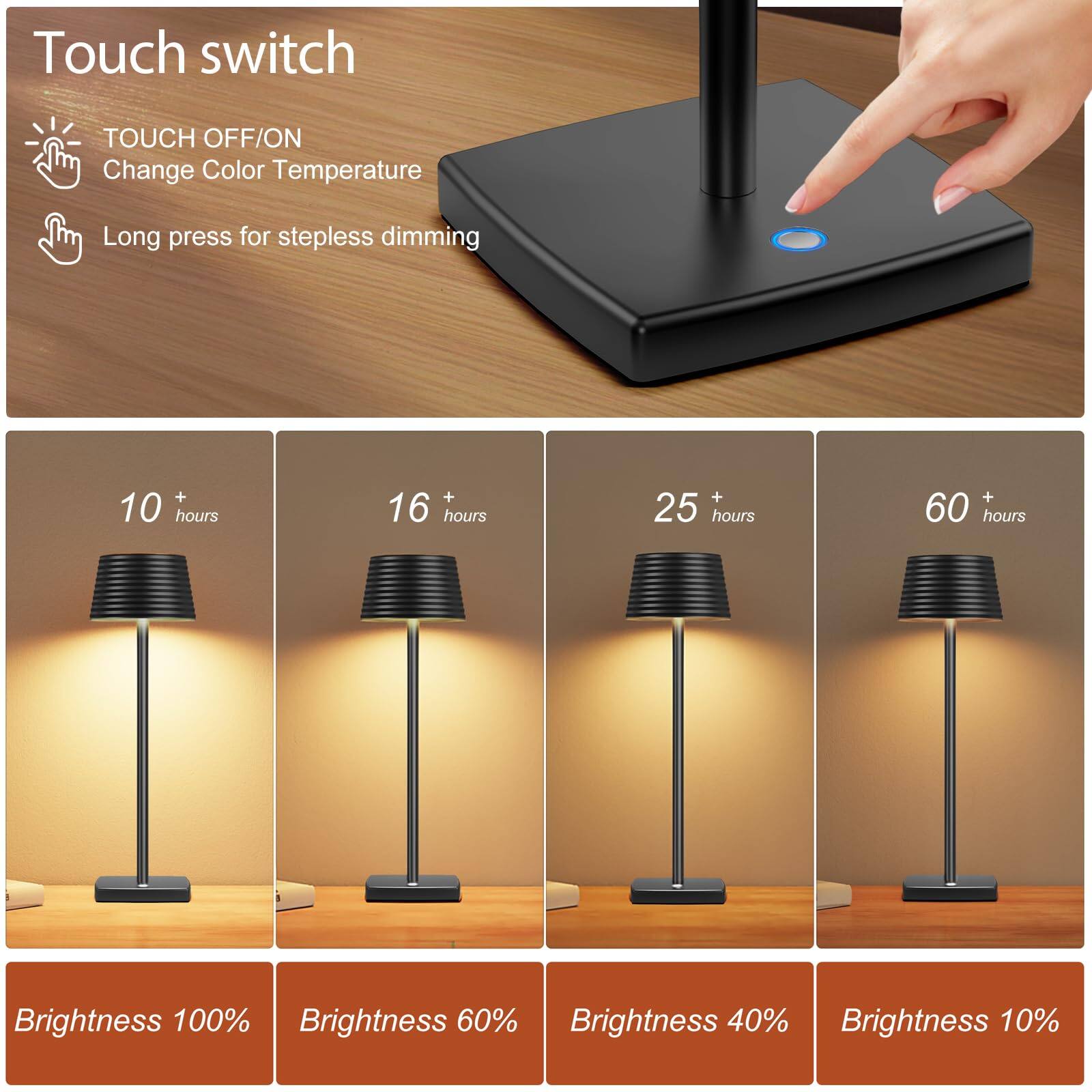Touch switch

- TOUCH OFF/ON
- Change Color Temperature
- Long press for stepless dimming

10 + hours
Brightness 100%

16 + hours
Brightness 60%

25 + hours
Brightness 40%

60 + hours
Brightness 10%
