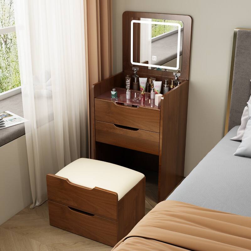 Angle. LUCKY ONE - 48cm 3-in-1 Vanity Desk with Flip Top Mirror, Glass Desktop, 3 Drawers and Stool - Walnut.