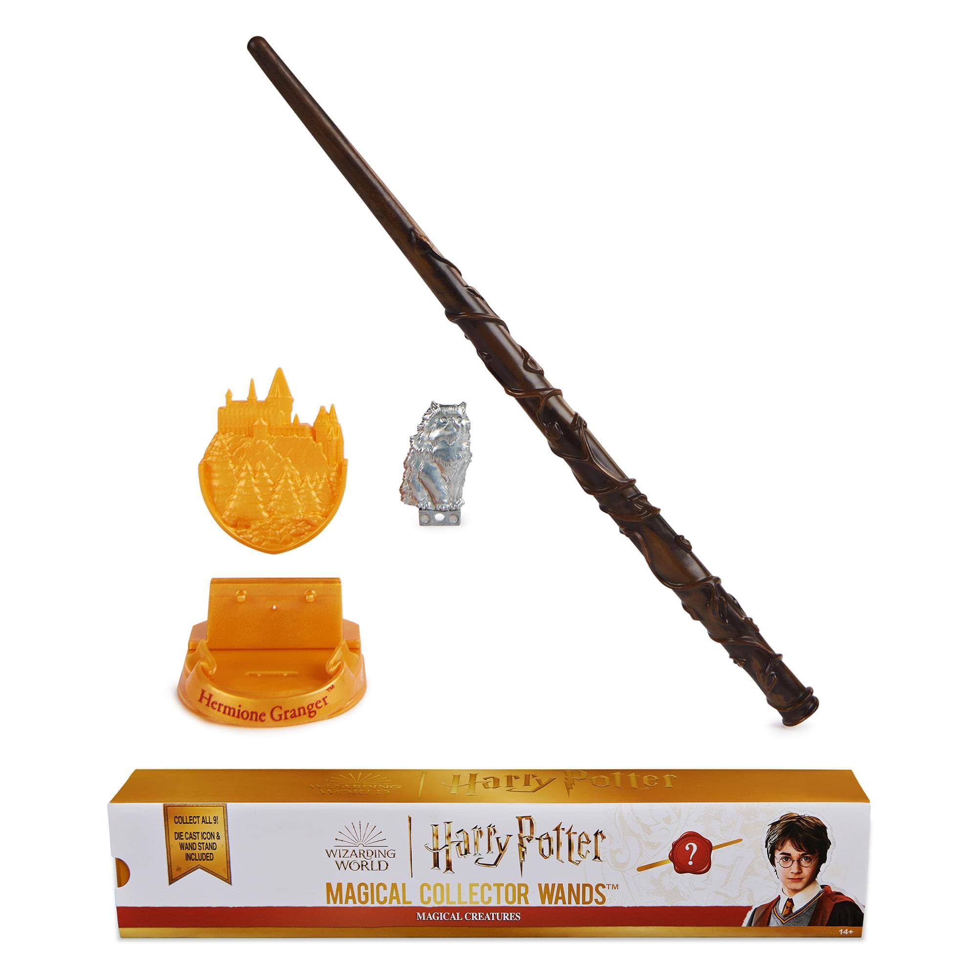 Hermione Granger  
Harry Potter  
WIZARDING WORLD  
MAGICAL COLLECTOR WANDS  
MAGICAL CREATURES  

COLLECT ALL 9!  
DIE CAST CON & WAND STAND INCLUDED  

Harry Potter  
HARRY POTTER WANDS™  
MAGICAL CREATURES