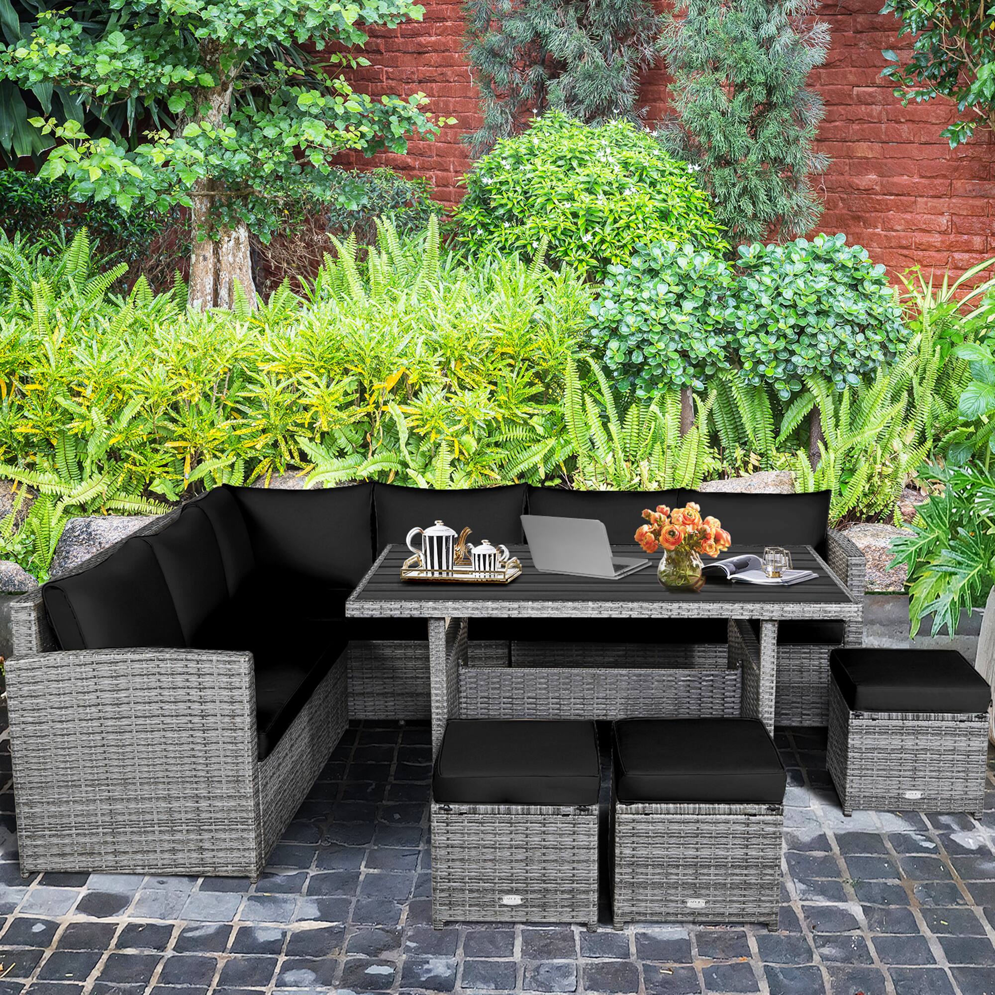 Alt View 2. Gymax - Gymax 7PCS Rattan Patio Sectional Sofa Set Conversation Set w/ Black Cushions - Black.