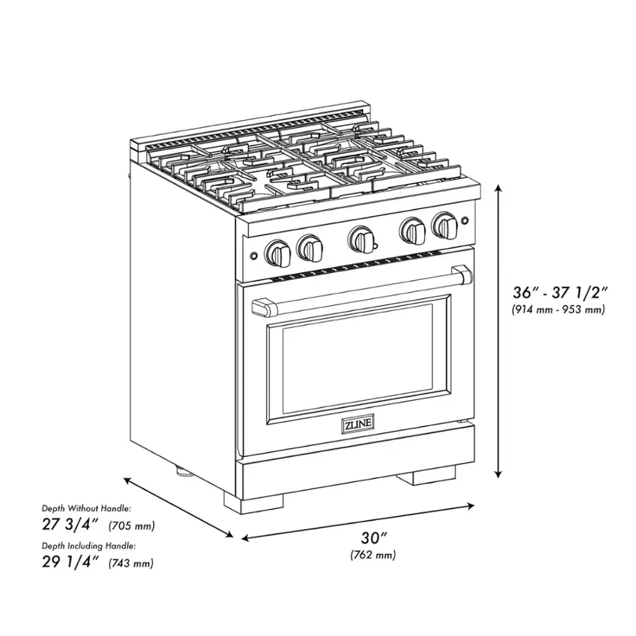 The image shows a stove with a 36" - 37 37 1/2" (914 mm - 953 mm) depth, which includes the handle. The stove has a depth of 27 3/4" (705 mm) without the handle.