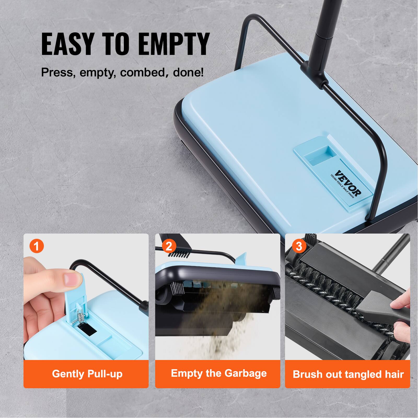 EASY TO EMPTY  
Press, empty, comb, done!  

1. Gently Pull-up  
2. Empty the Garbage  
3. Brush out tangled hair