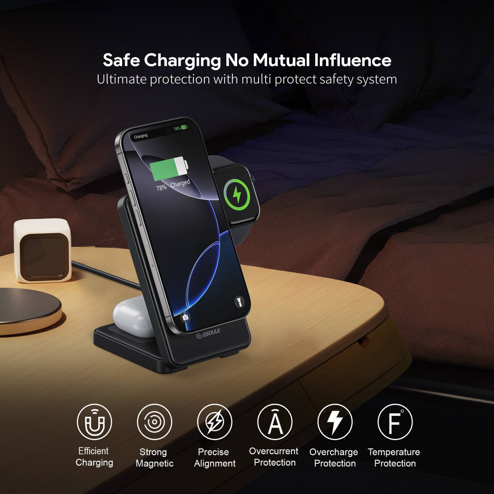 Safe Charging No Mutual Influence  
Ultimate protection with multi protect safety system  

Charging  
78% Charged  

Efficient Charging  
Strong Magnetic  
Precise Alignment  
Overcurrent Protection  
Overcharge Protection  
Temperature Protection