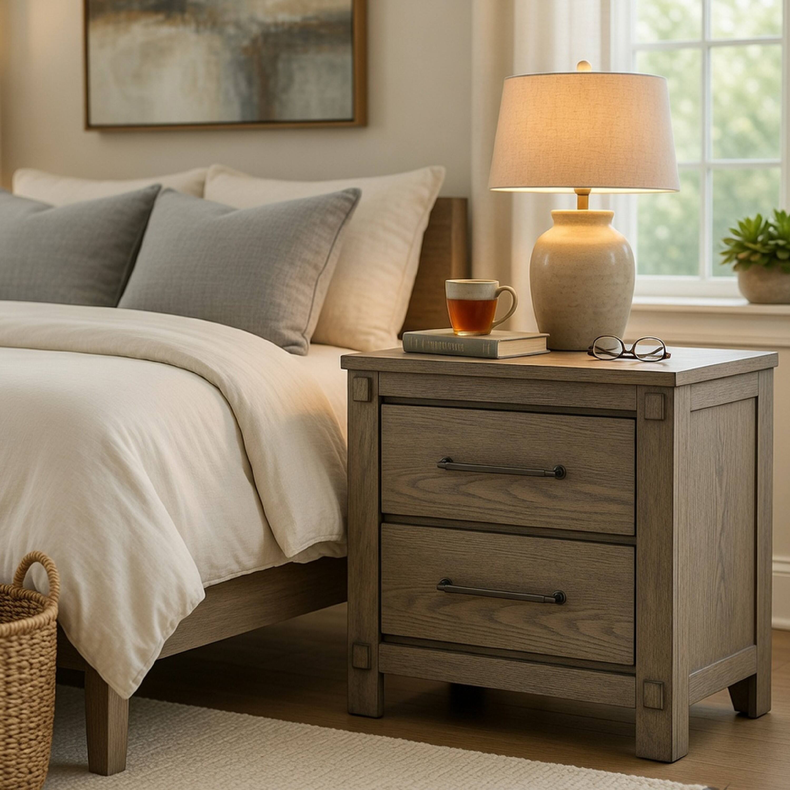 Alt View 4. Manhattan Lane - Cera Nightstand, 2 Drawers Handles, Tone Wood - Antique White Oak, Bronze.