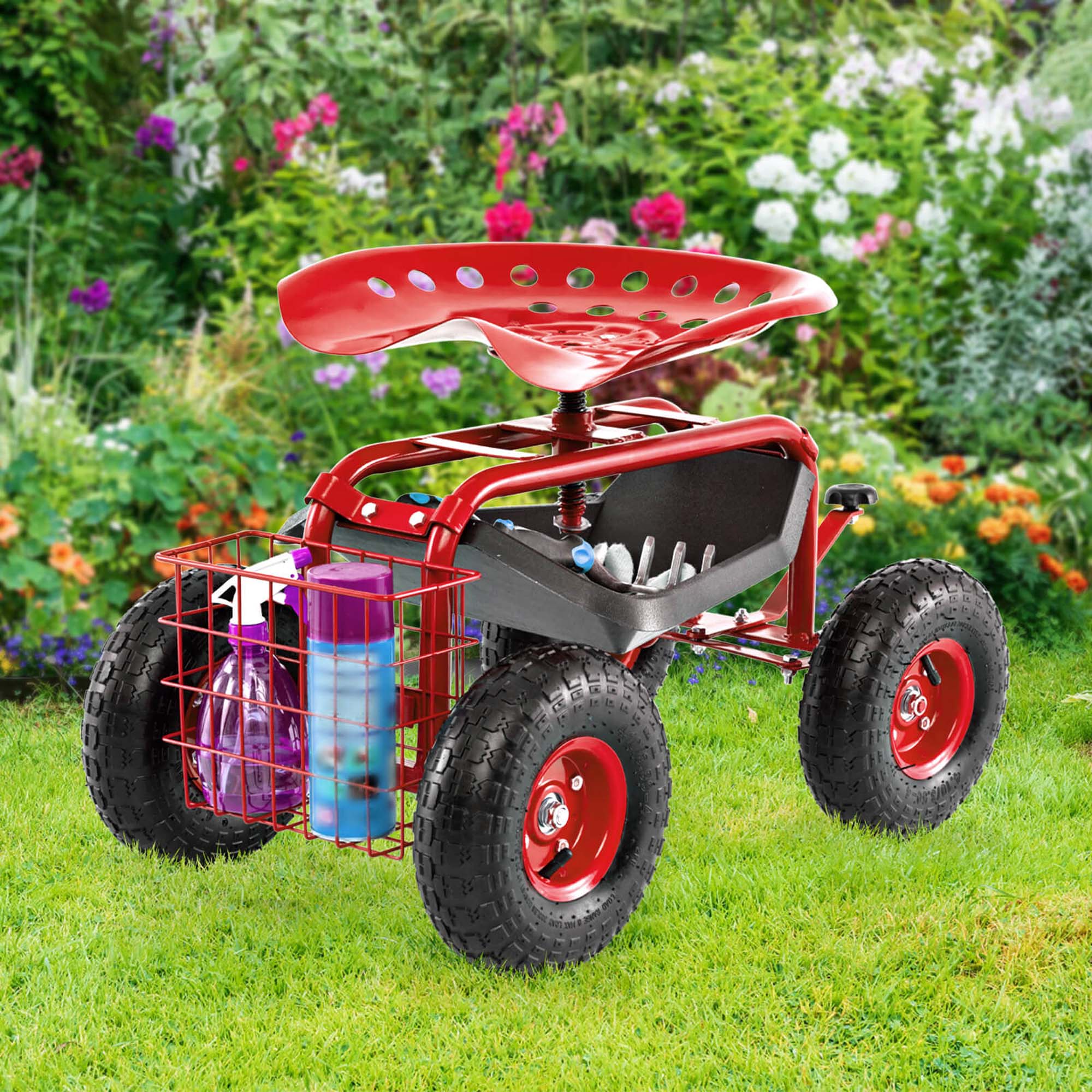 Alt View 1. Costway - Costway Garden Cart Patio Wagon Rolling Work Seat with Tool Tray Basket Planting - Red.