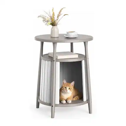 Front. Yardgrace - 2 in 1 Round Cat House End Table Hidden Cat Bed Nightstand Multi Functional Modern Pet Friendly Side Table Small Spaces - Brown.