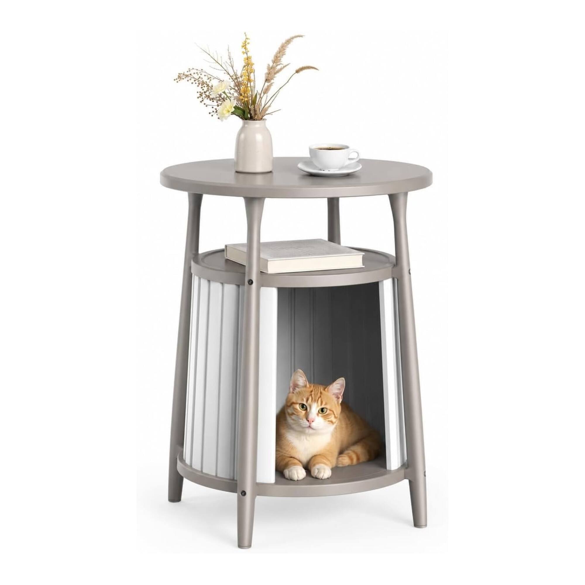 Front. Yardgrace - 2 in 1 Round Cat House End Table Hidden Cat Bed Nightstand Multi Functional Modern Pet Friendly Side Table Small Spaces - Brown.