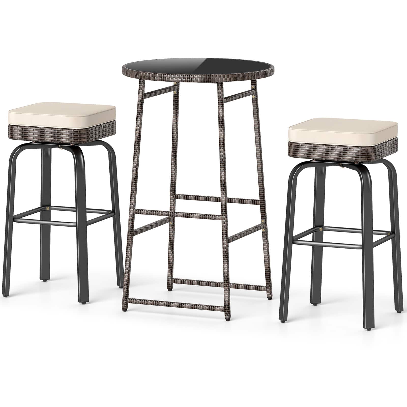 Gymax - 3 PCS Outdoor Swivel Bar Set w/2 Chairs Tempered Glass Top Soft Cushions - White