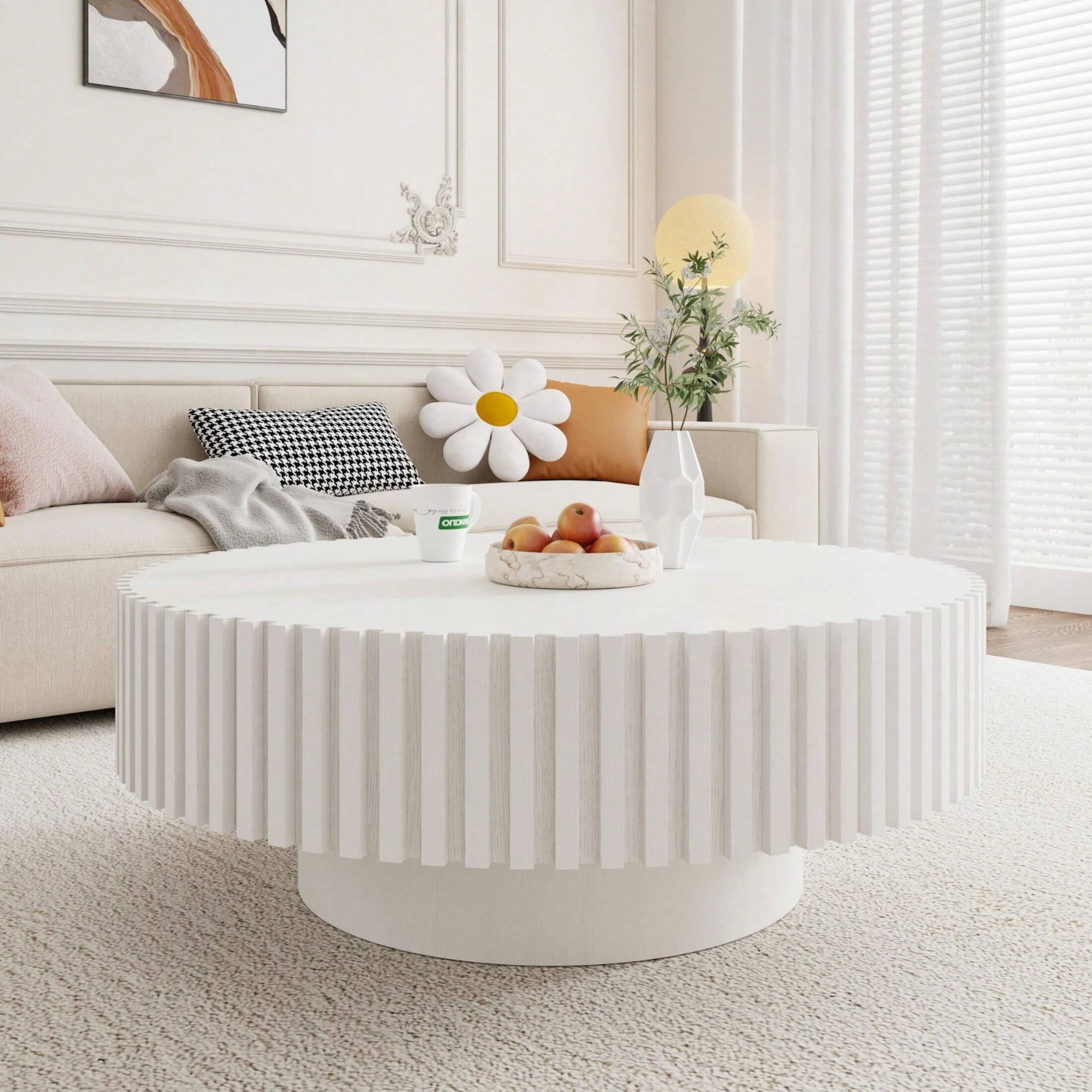 Left. Trinkets Crazed - 39.37" Round Coffee Table Wood,Circle Coffee Table, Drum Fluted Coffee Accent End Side Center Table - White.