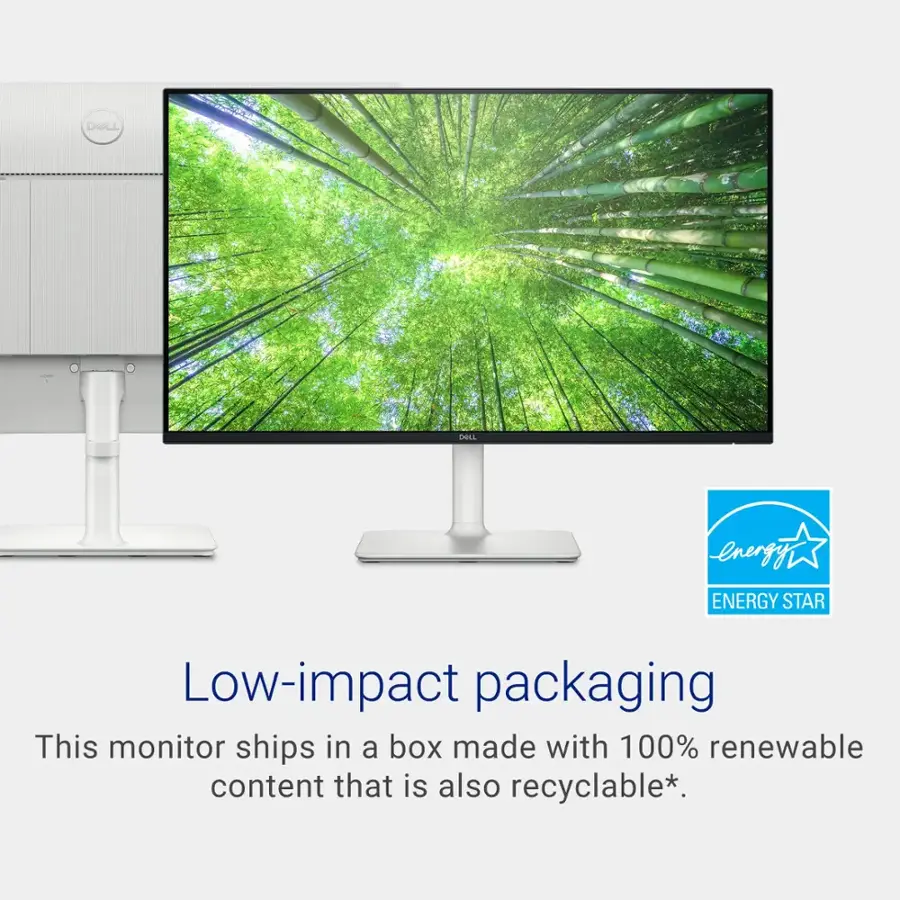 This monitor ships in a box made with 100% renewable content that is also recyclable. The box is designed with low-impact packaging, which is an Energy Star-rated product.