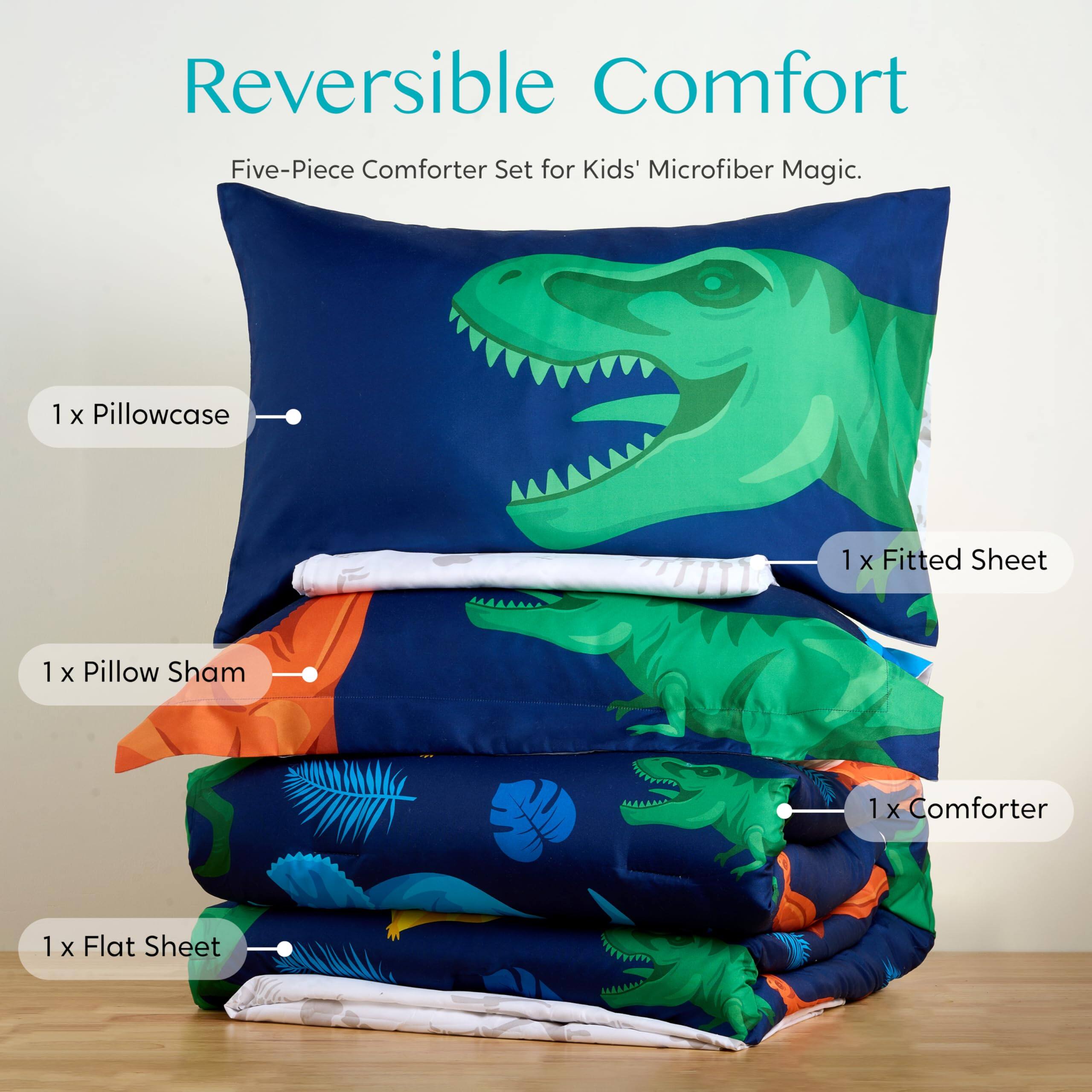 Reversible Comfort  
Five-Piece Comforter Set for Kids' Microfiber Magic.  

1 x Pillowcase  
1 x Pillow Sham  
1 x Fitted Sheet  
1 x Comforter  
1 x Flat Sheet