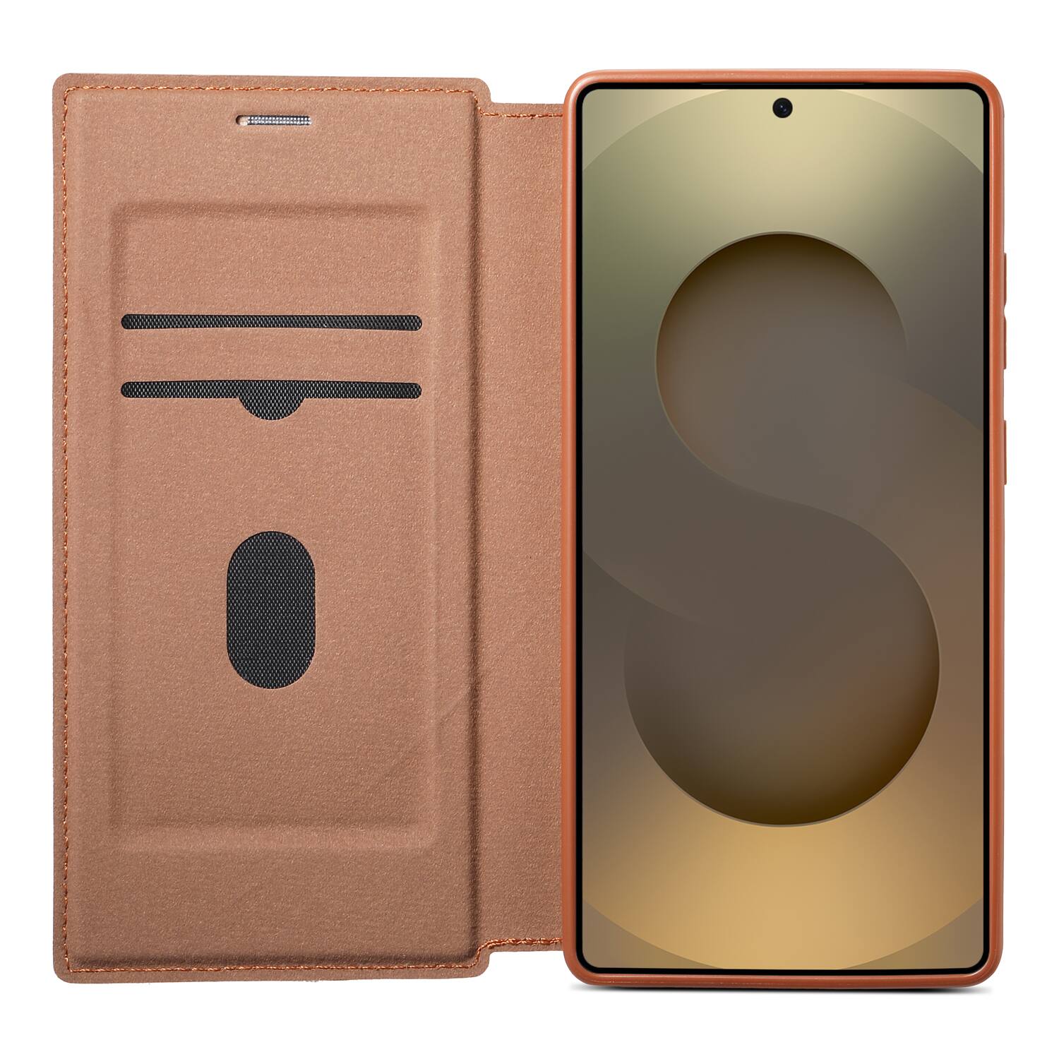 Angle. Dteck - Ultra-Thin Faux Leather Card Slot Case for Samsung Galaxy S25 Ultra,Wireless Charging,Flip Card Pocket Phone Cover - Brown.