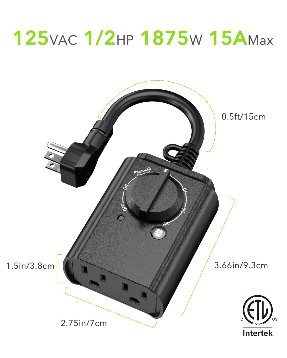 125VAC 1/2HP 1875W 15A Max  
0.5ft/15cm  
1.5in/3.8cm  
2.75in/7cm  
3.66in/9.3cm  
ETL US  
Intertek