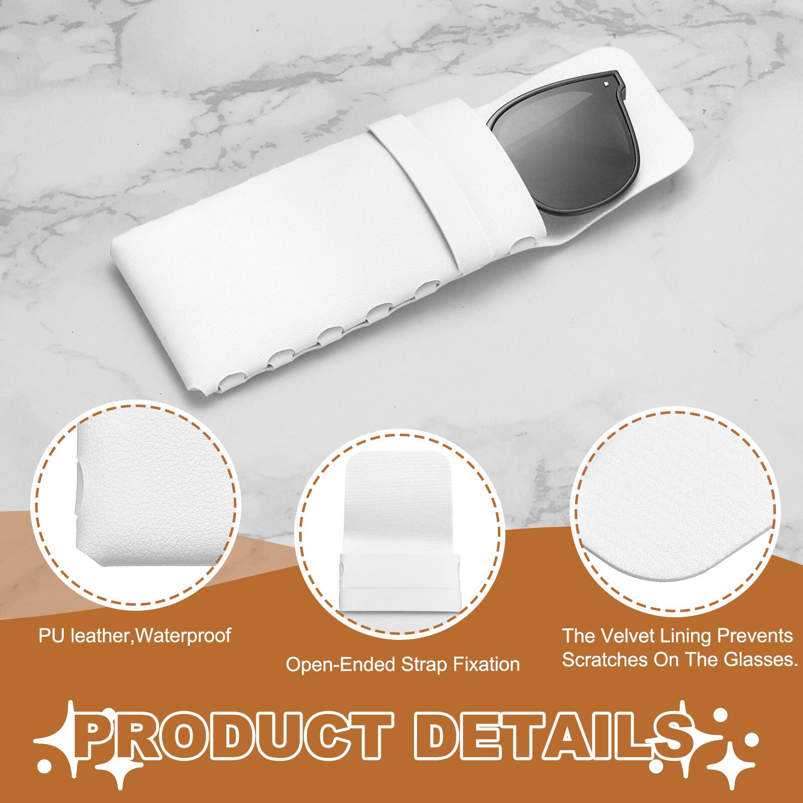 PU leather, Waterproof. The Velvet Lining Prevents Scratches On The Glasses. PRODUCT DETAILS