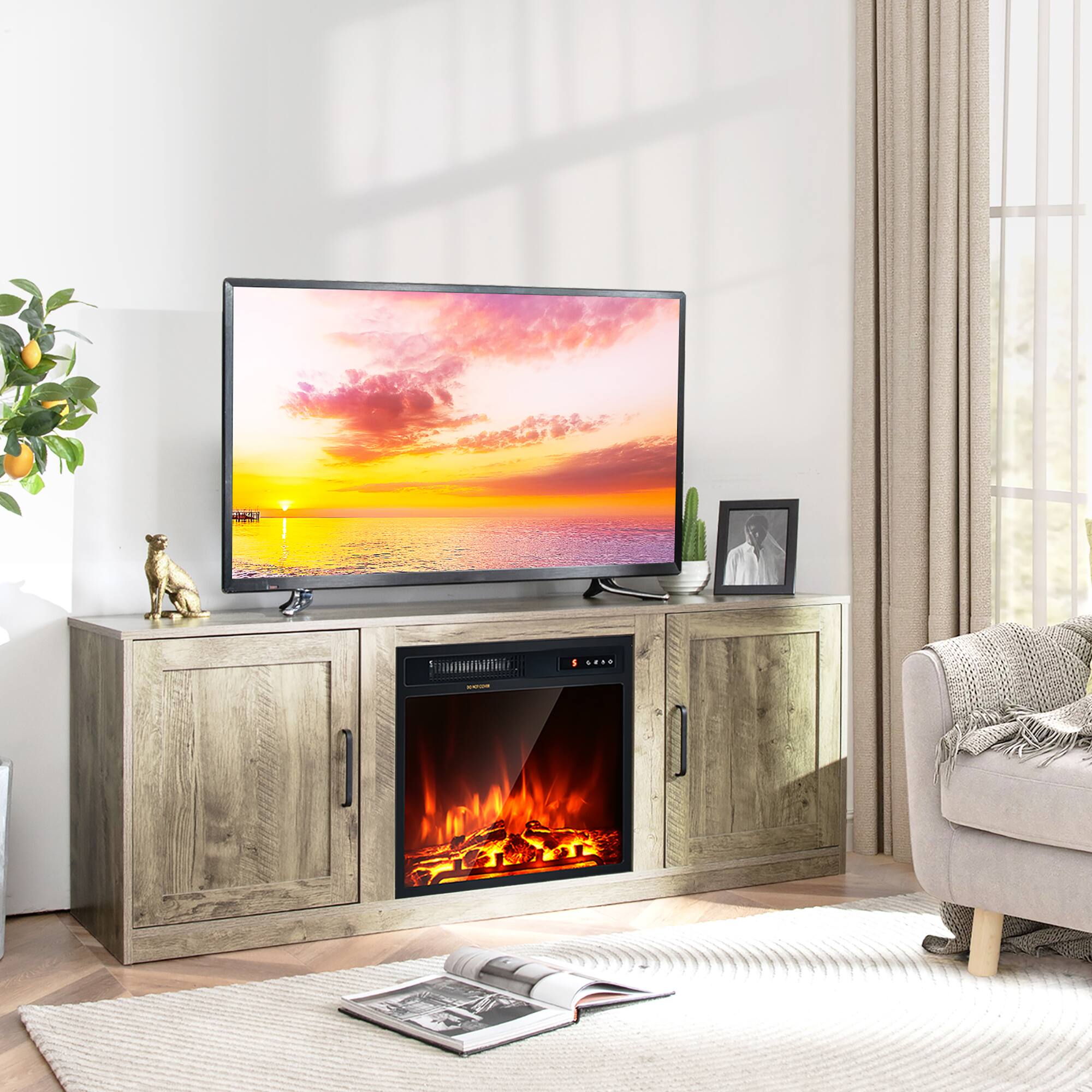 Alt View 1. Costway - Costway 58" Fireplace TV Stand Entertainment Console W/ 18" Electric Fireplace - Natural/Black.