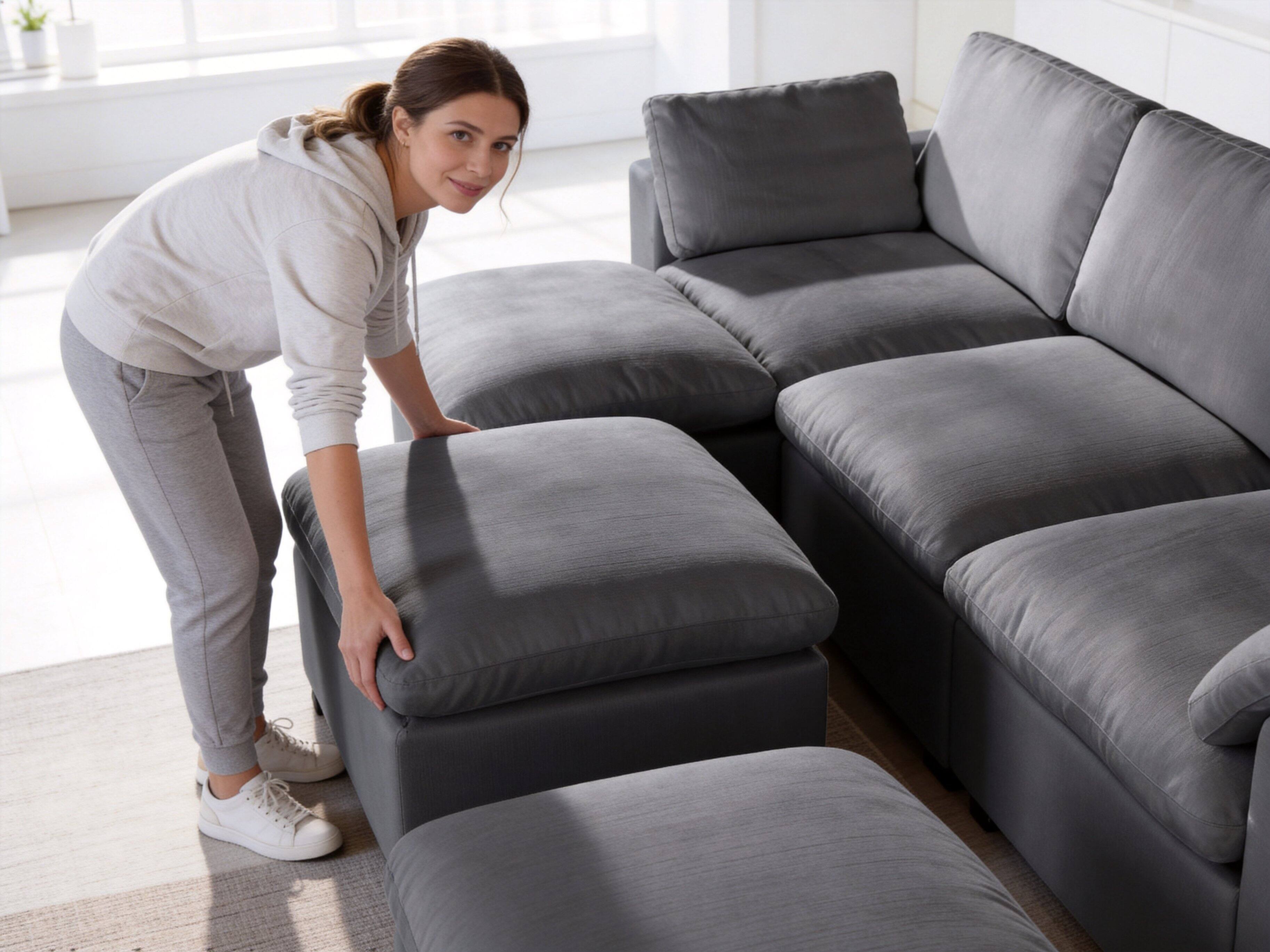 Left. Dyonery - Dyonery 120-inch oversized modular sectional sofa, with storage bench, down-filled, solid wood frame, no tools required - Grey.