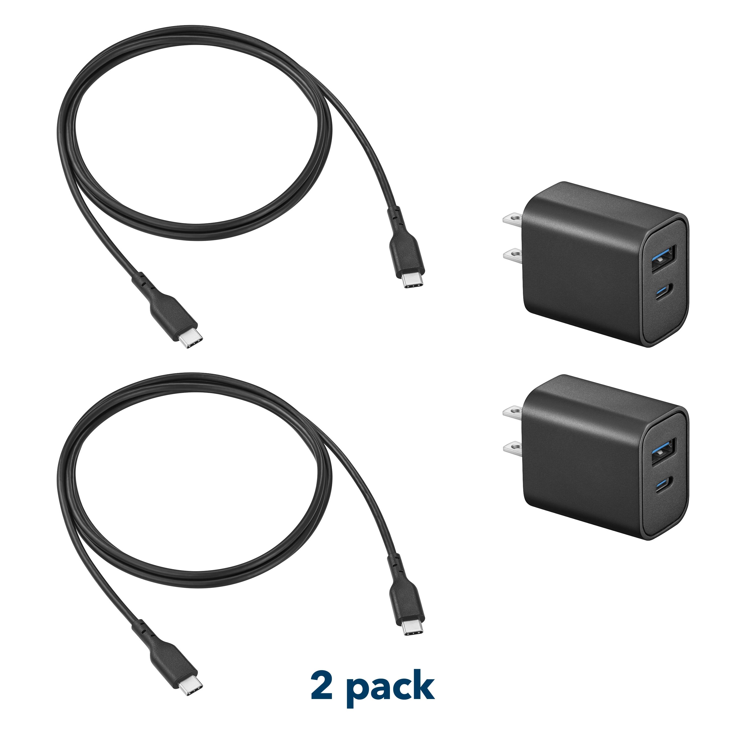 Left. Insignia™ - 25W Wall Charger with 5’ USB-C Cable for Smartphones, Tablets, and More (2-Pack) - Black.