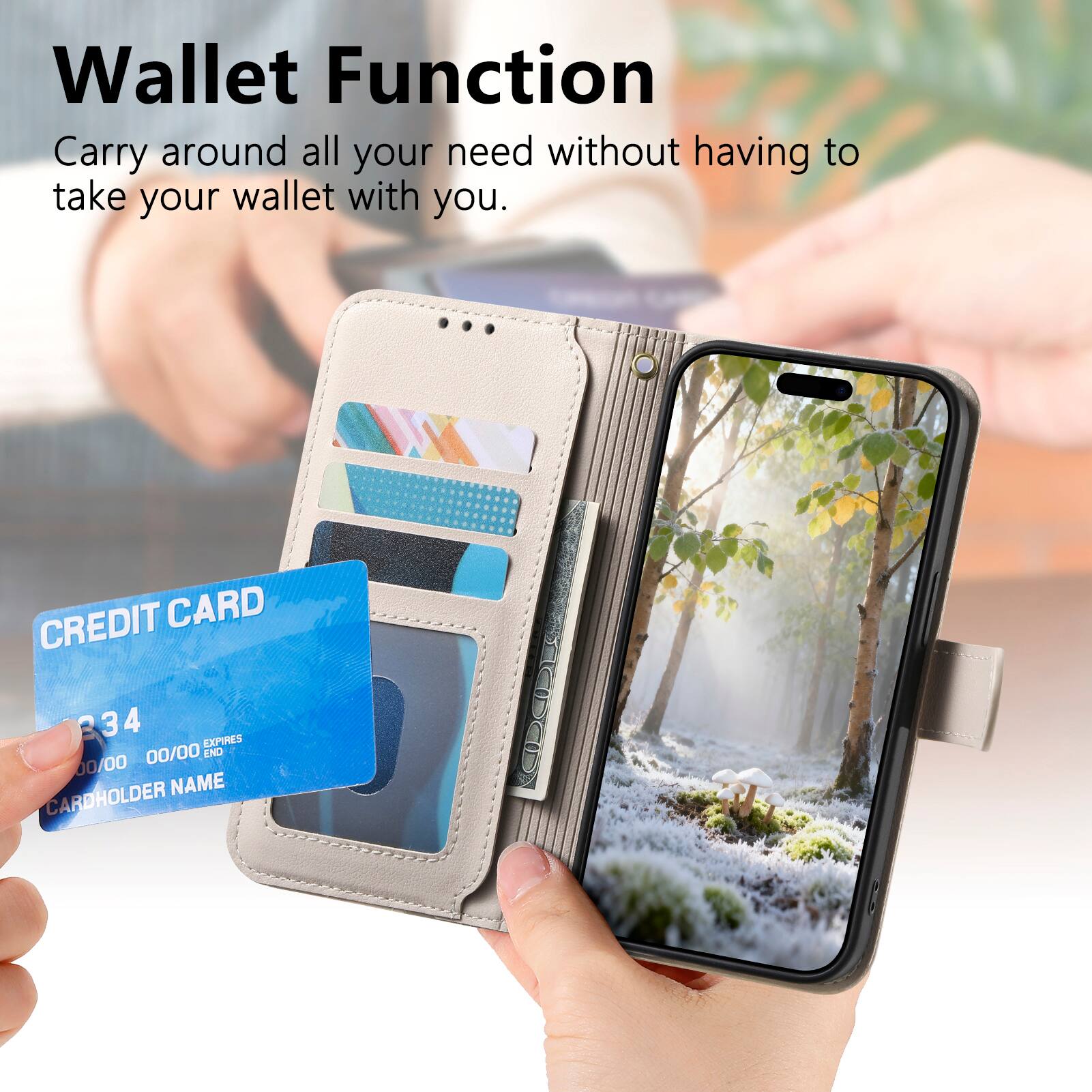 Wallet Function  
Carry around all your needs without having to take your wallet with you.

CREDIT CARD  
334 4  
EXPIRES 00/00  
END 00/00  
CARDHOLDER NAME