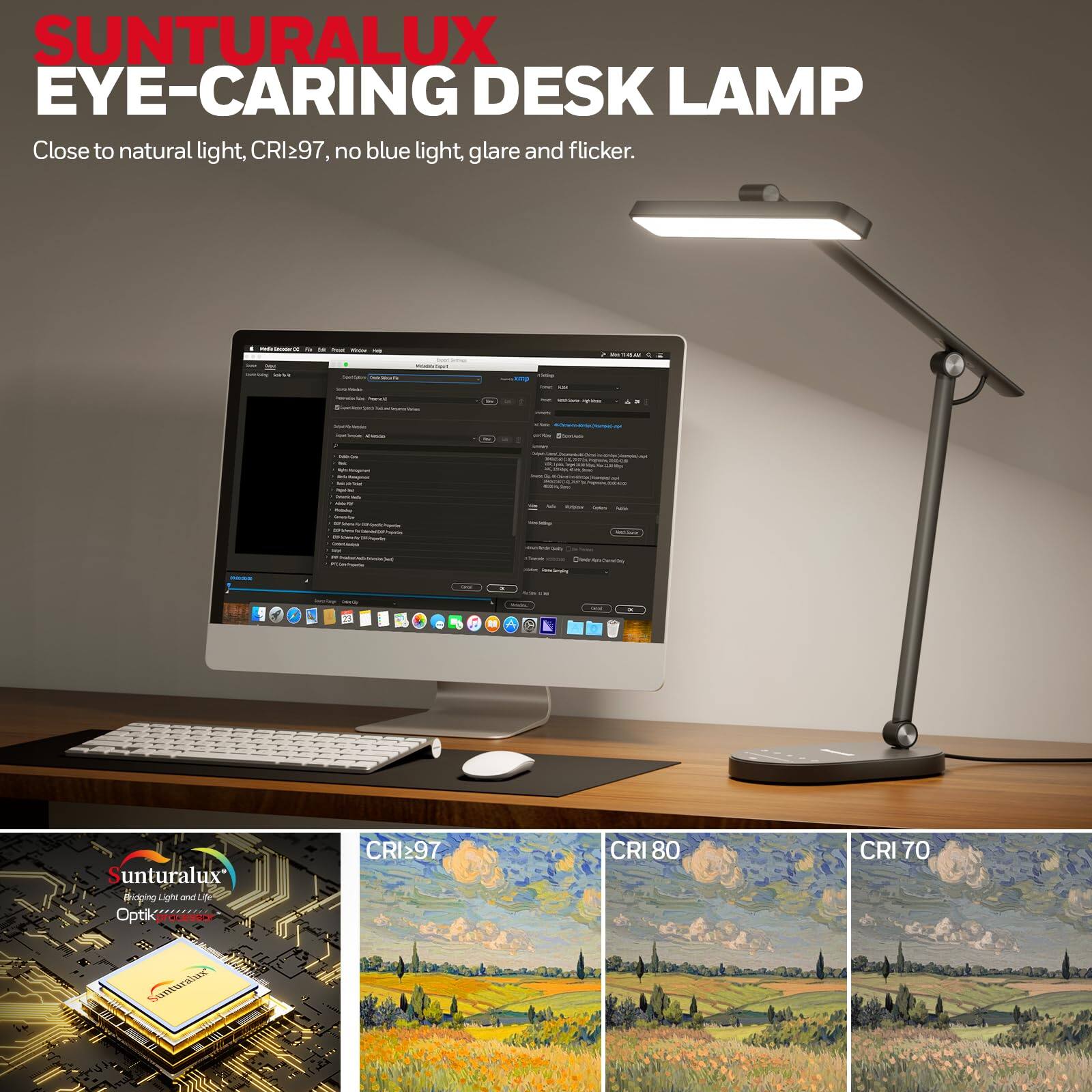 SUNTURALUX EYE-CARING DESK LAMP  
Close to natural light, CRI97, no blue light, glare and flicker.  

unturalux Waping Light  
Lie Optik  
CRI97  
CRI 80  
CRI 70