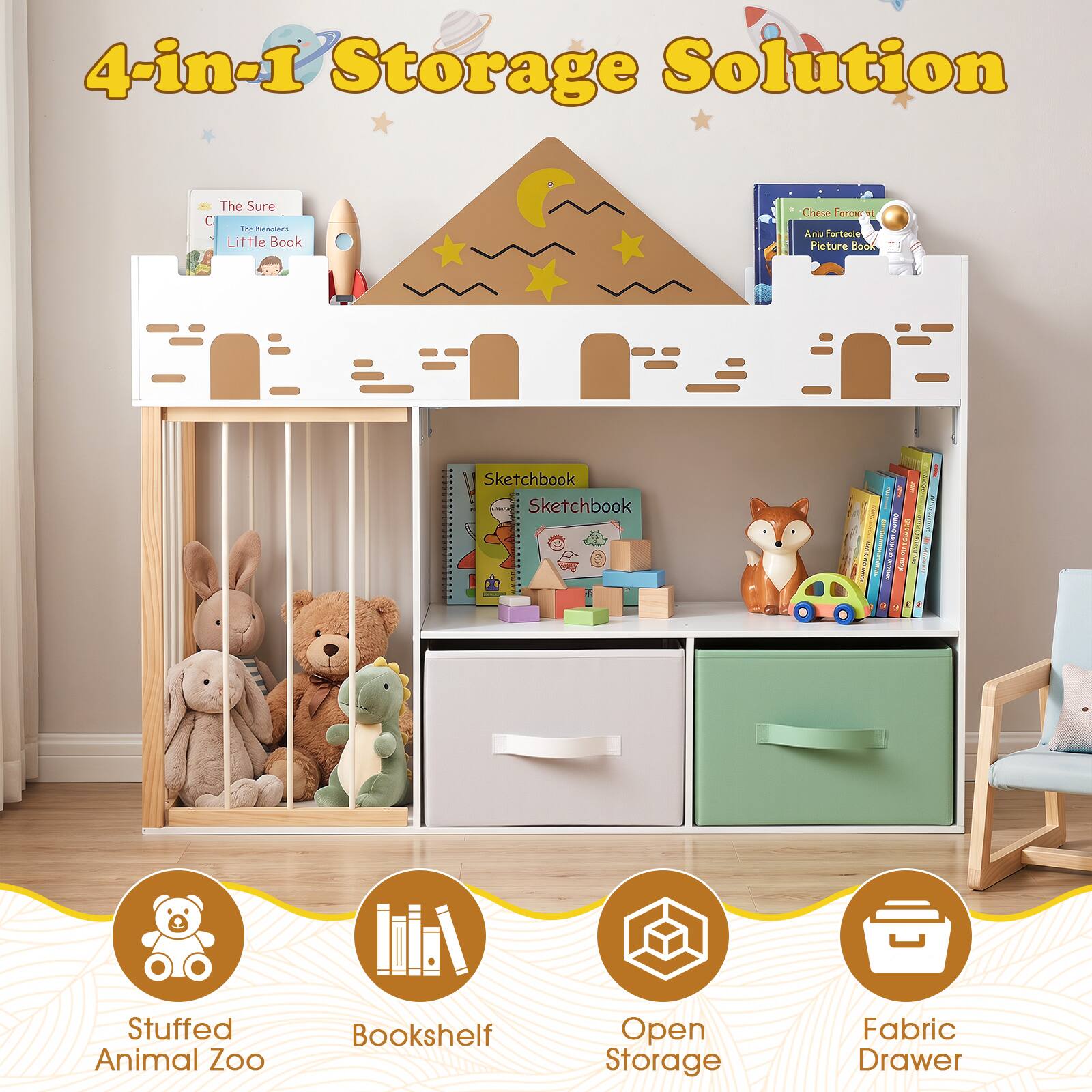 4-in-1 Storage Solution

The Sure The Monster's Little Book

Chase Forte's An Animal Picture Book

Sketchbook

Stuffed Animal Zoo

Bookshelf

Open Storage

Fabric Drawer