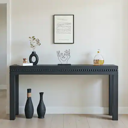 Front. Kadyn - 64in Rustic Wood Console Table – Elegant Entryway Table with Decorative Beaded Trim, Antique Black - Black.