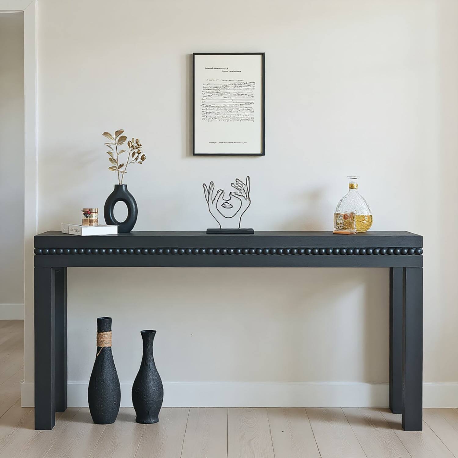Front. Kadyn - 64in Rustic Wood Console Table – Elegant Entryway Table with Decorative Beaded Trim, Antique Black - Black.