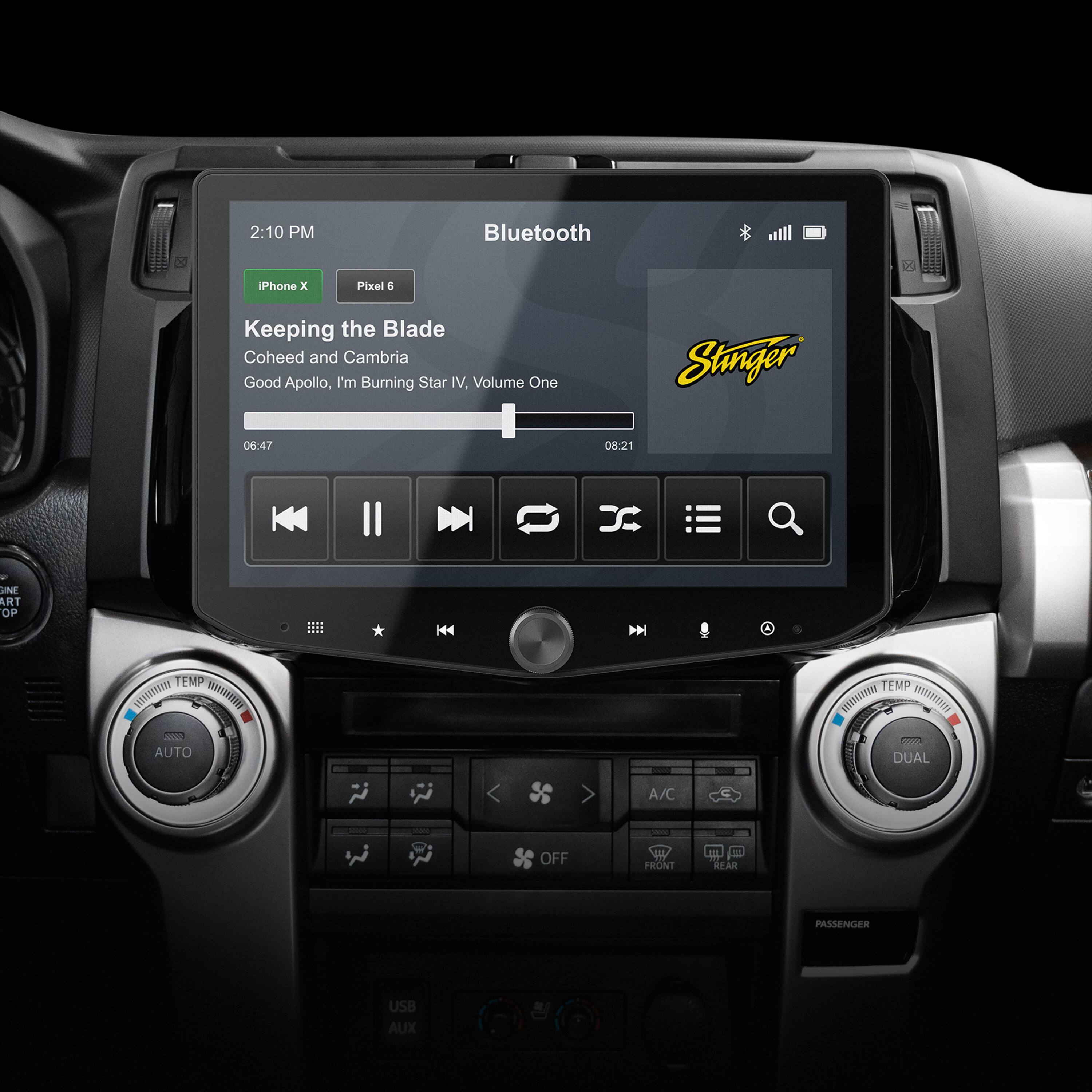 The text on the image is grouped and corrected as follows:

2:10 PM Bluetooth Phone x Pixel 6 Keeping the Blade Coheed and Cambria Good Apollo, I'm Burning Star IV. Volume One Stinger 06:47 08:21 UNE ART OP H4 D TEMP wwth  2002 AUTO TEMP WIIT MmmN DUAL A/C 4 OFF FRONT REAR PASSENGER USB AUX