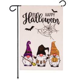 G128 - Happy Halloween Garden Flag Three Gnomes Spider Web 12x18 Burlap Fabric - Assorted Colors