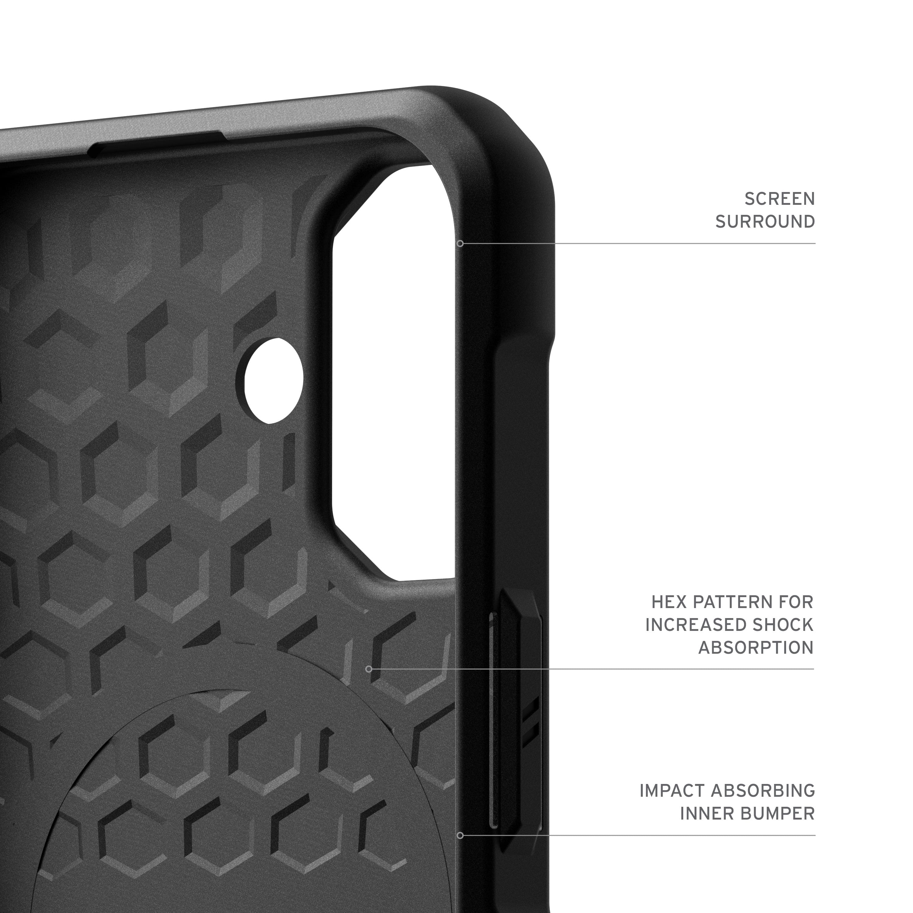 The image shows a close-up of a cell phone case, specifically a black case with a hexagonal pattern. The case is designed to provide increased shock absorption and impact absorbing features. The case also has an inner bumper to protect the phone further.