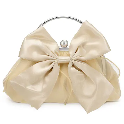 Front. Unique Bargains - Bow Evening Bag Clutch Purse for Women, Satin Silk Wedding Purse with Ring Handle for Formal Bride - Champagne.